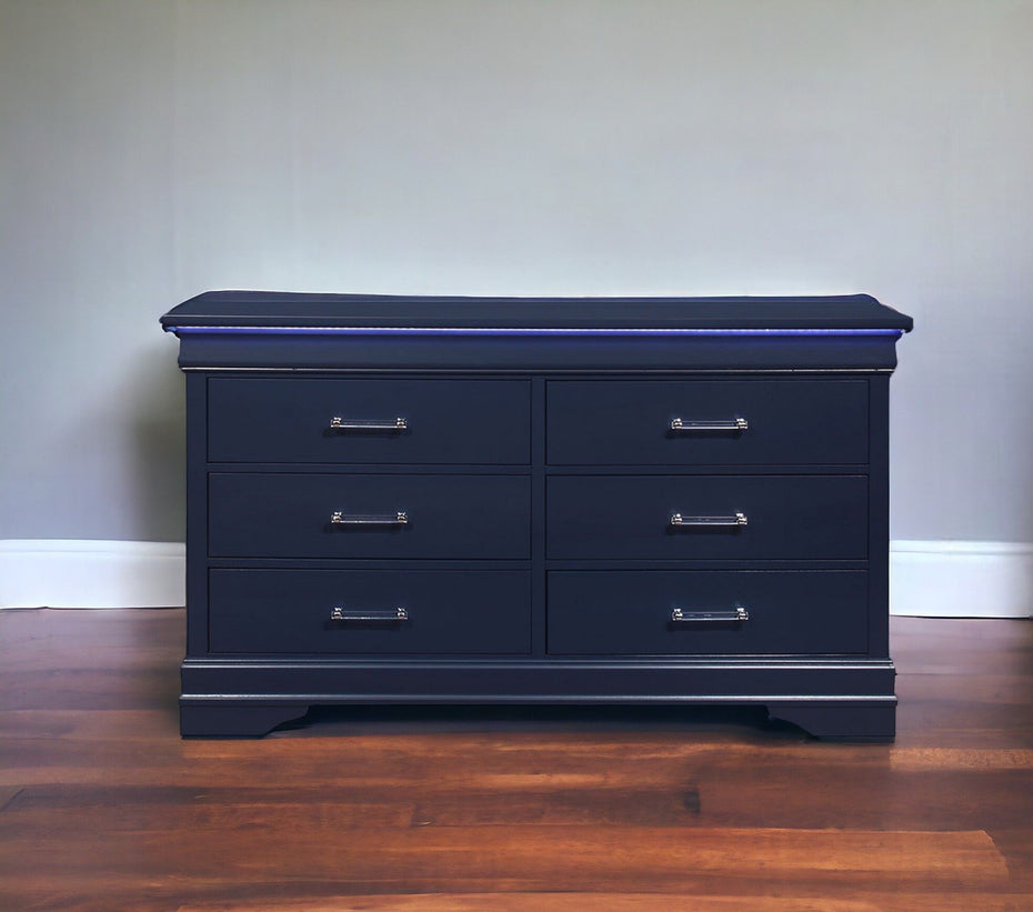 Solid Wood Six Drawer Double Dresser With Led - Blue