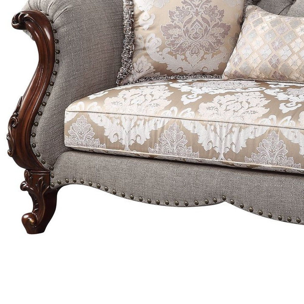 Brown Linen Loveseat And Toss Pillows - Beige / Dark