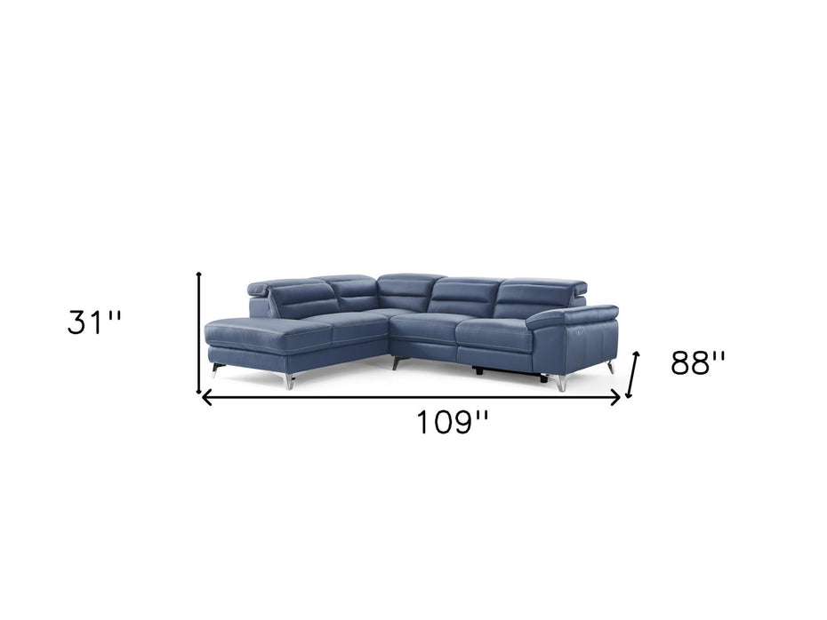 Top Grain Leather Reclining L Shaped Two Piece Sofa And Chaise Sectional - Navy Blue