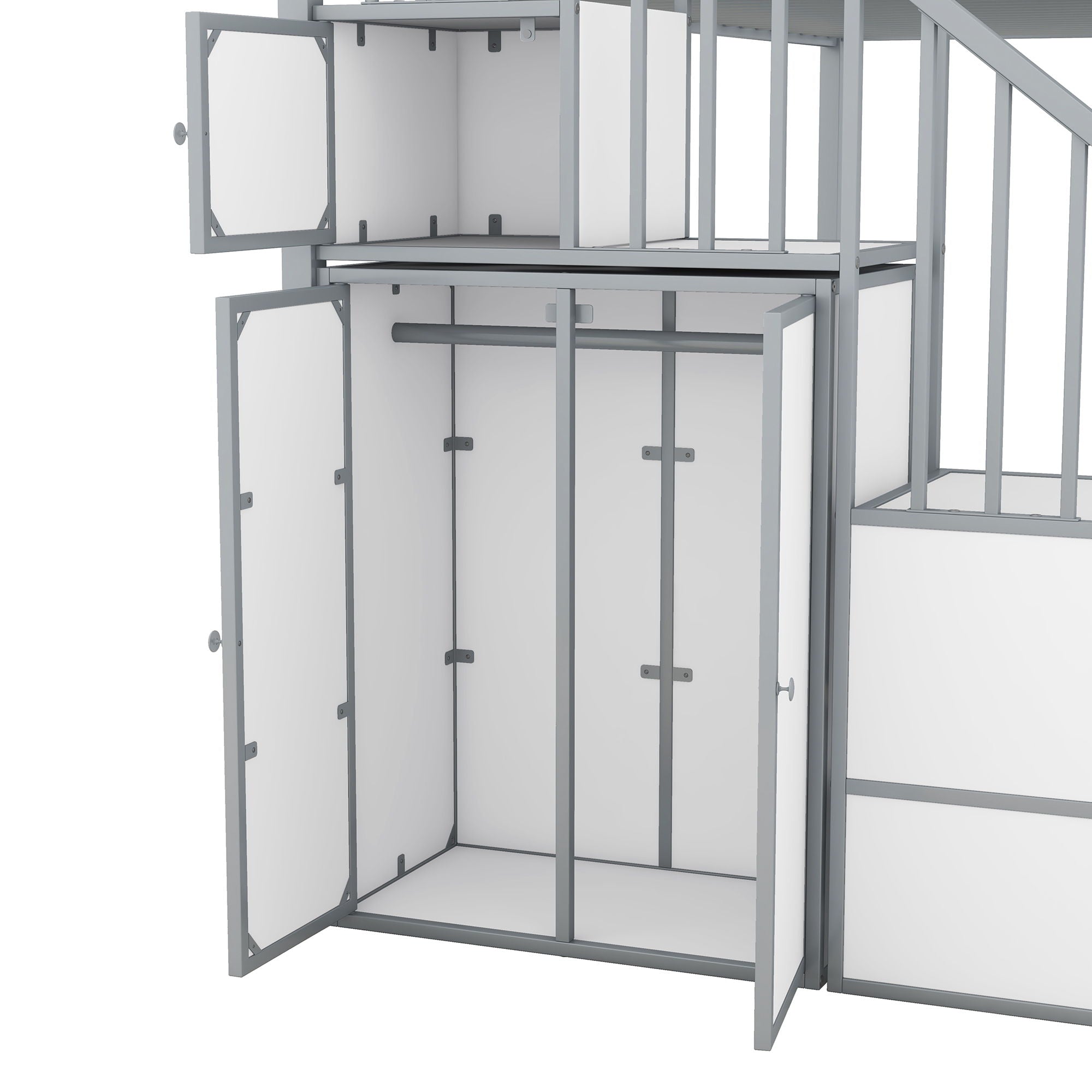 Metal Twin Over Twin Castle-Shaped Bunk Bed With Wardrobe And Multiple Storage - Gray / White