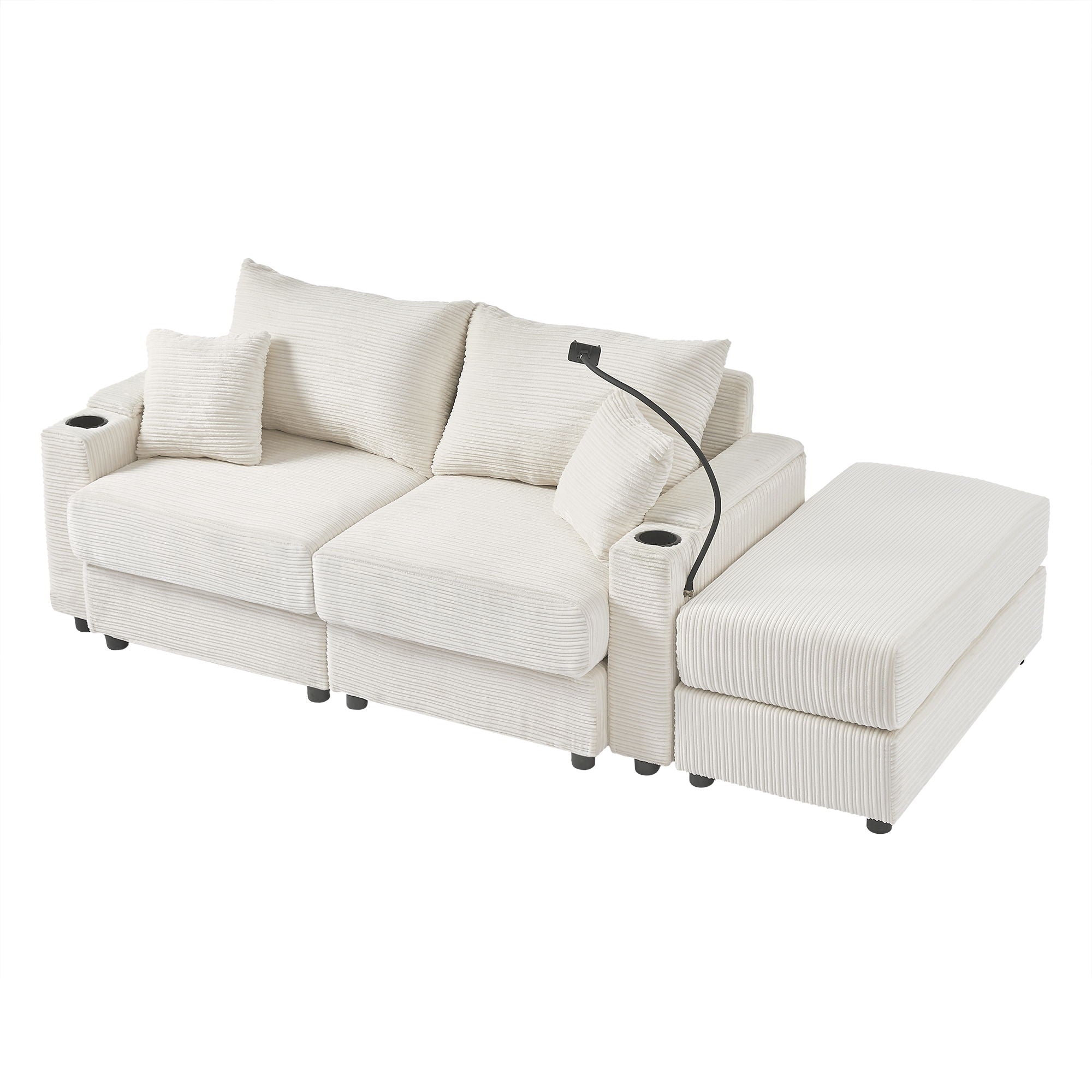 Modern Style Loveseat Sofa Sectional Sofa Couch With Storage Space, A Movable Ottoman, Two USB Ports, Two Cup Holders, A Phone Holder For Living Room