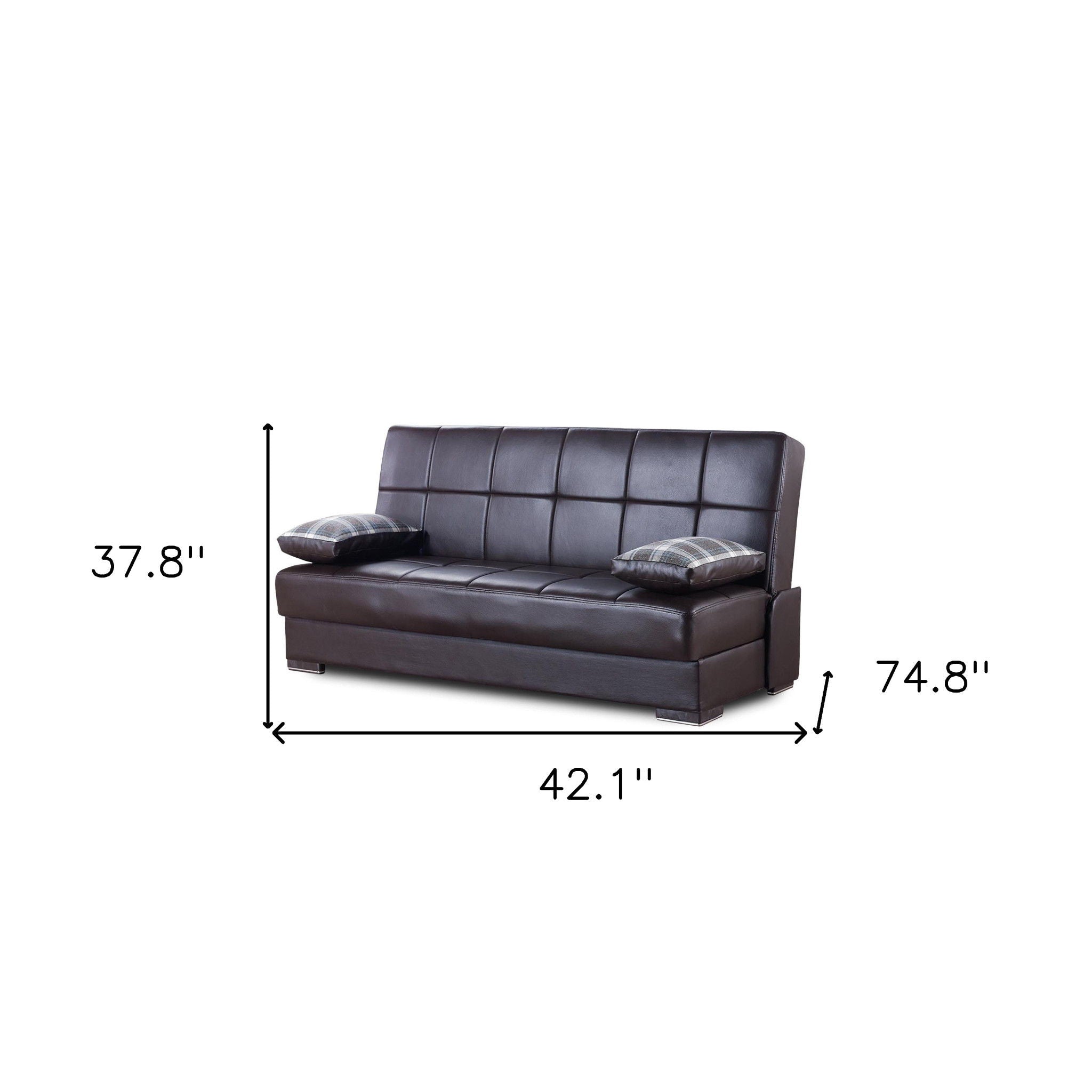 Sleeper Sofa Faux Leather And Toss Pillows With Brown Legs - Dark Brown