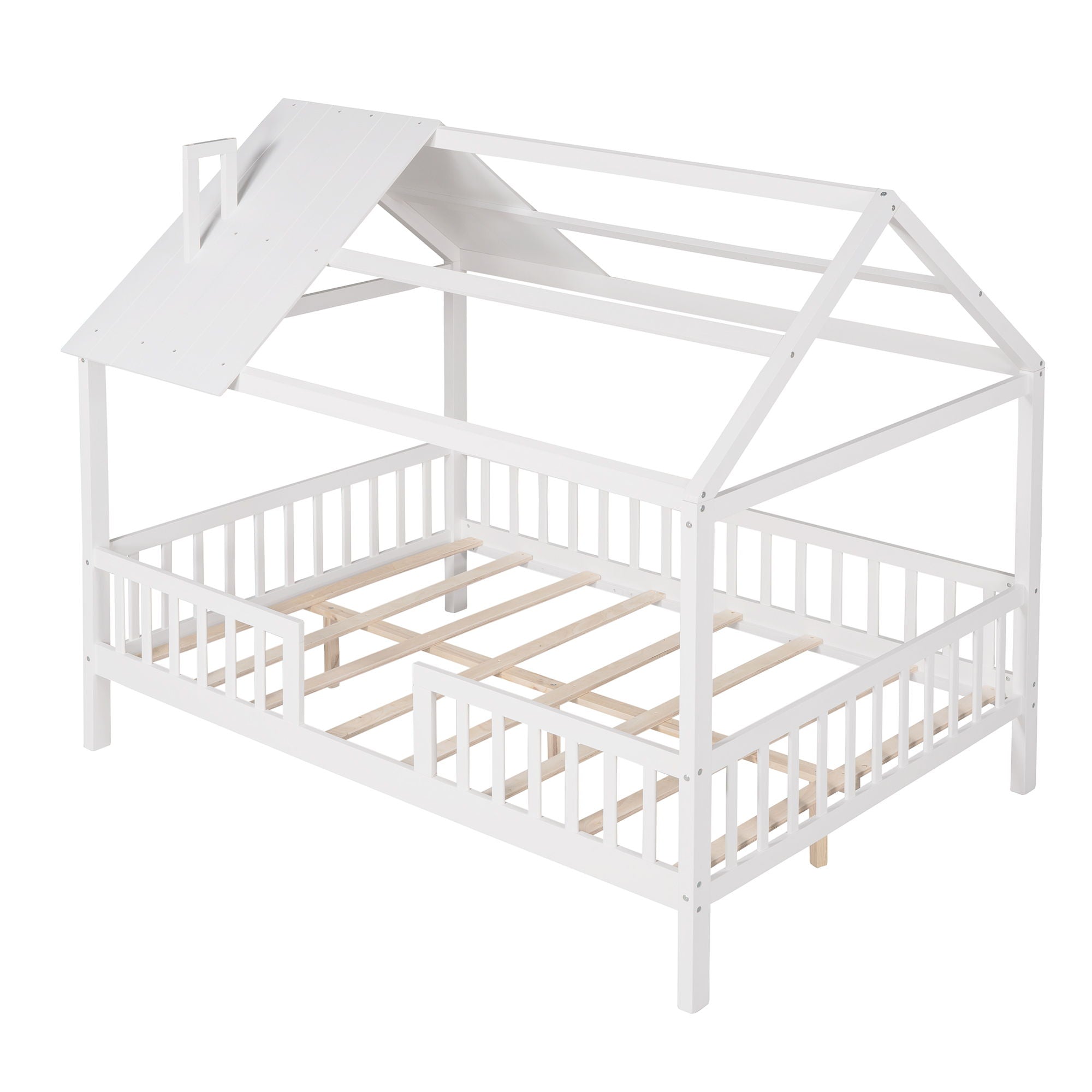 Full Size Wood House Bed With Fence - White