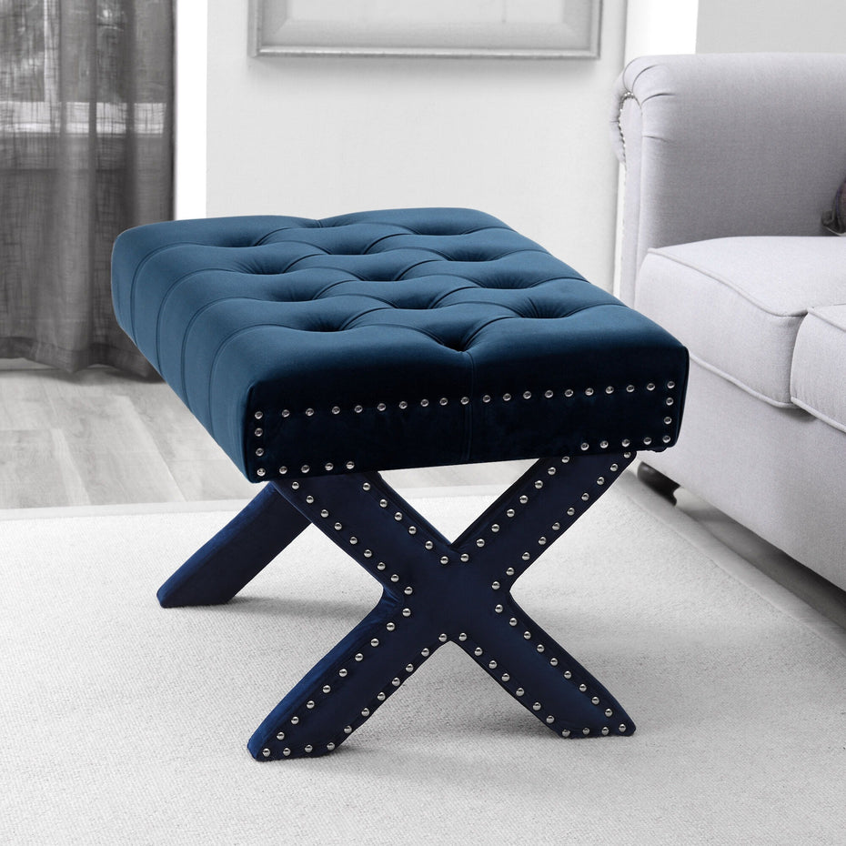 Velvet Tufted Ottoman - Navy Blue