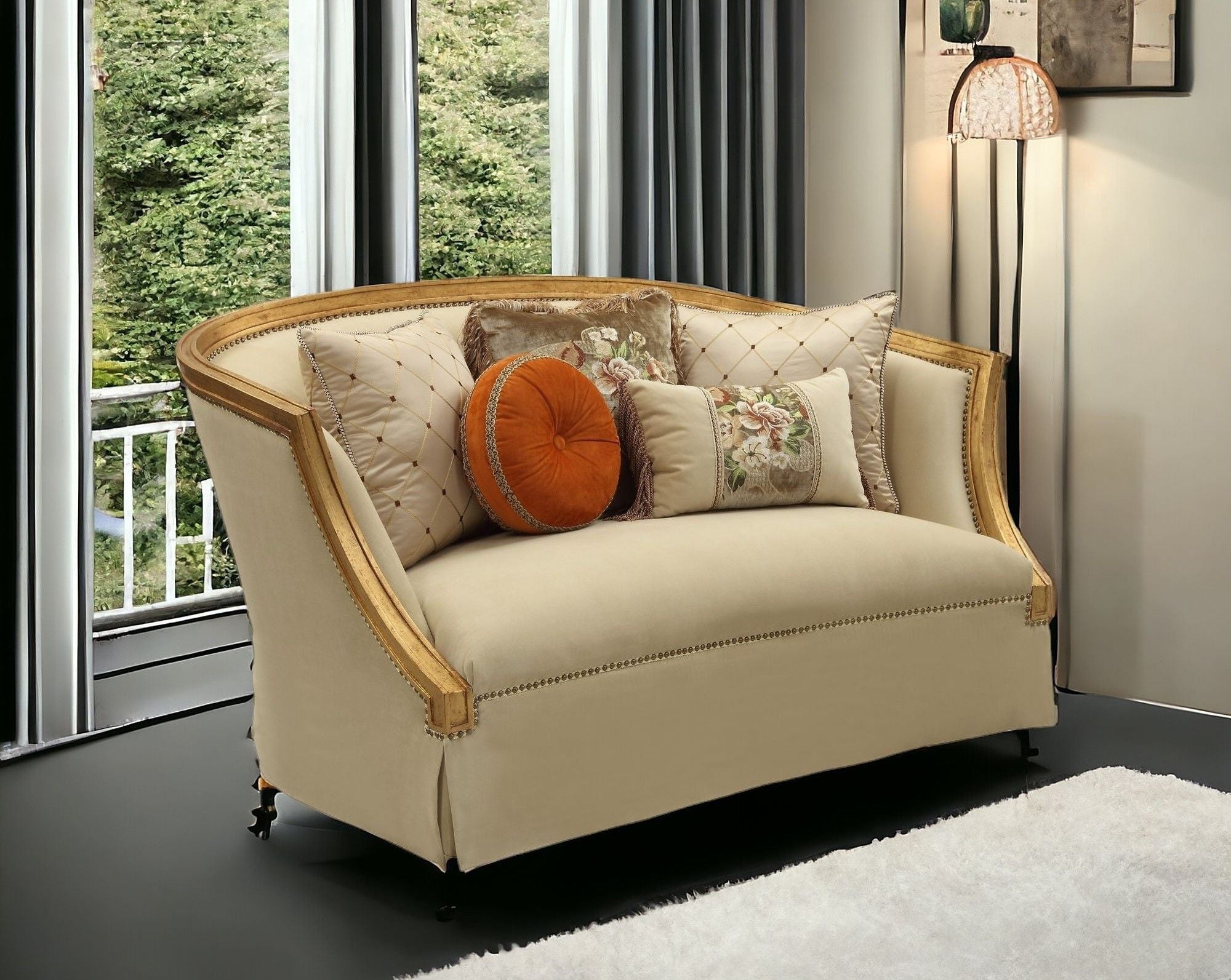 Curved Loveseat And Toss Pillows - Tan / Gold