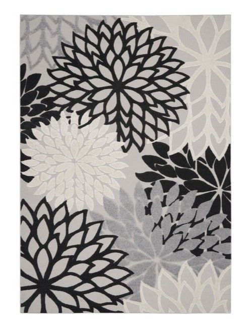 10' X 13' Floral Non Skid Indoor / Outdoor Area Rug - Black / White