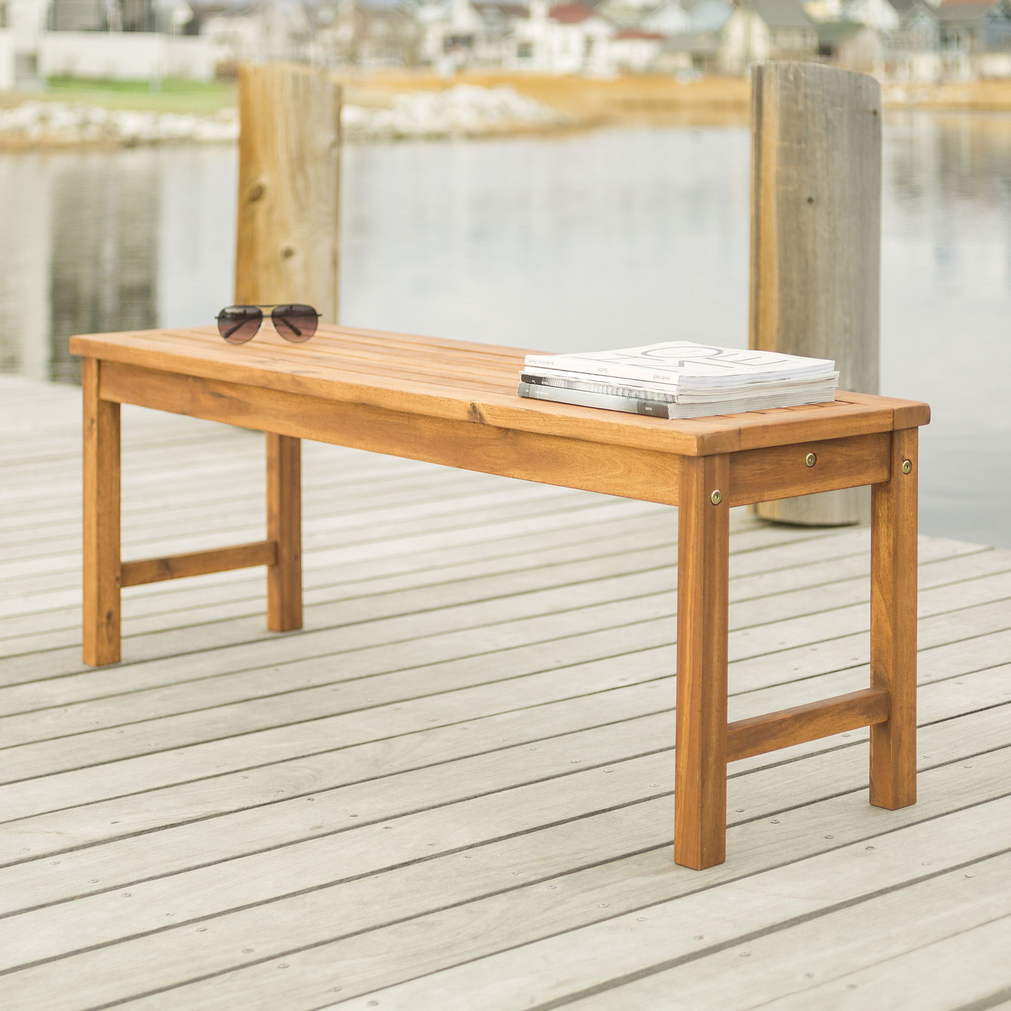 Modern Slat Top Solid Wood Patio Bench