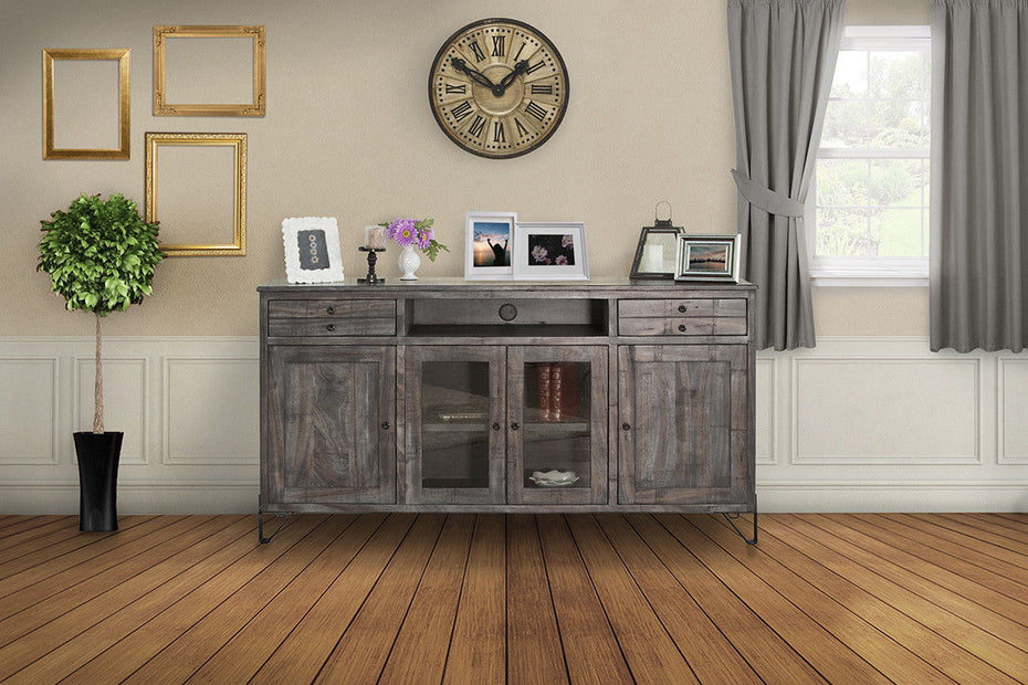 Solid Wood Cabinet Enclosed Storage. Distressed TV Stand - Gray