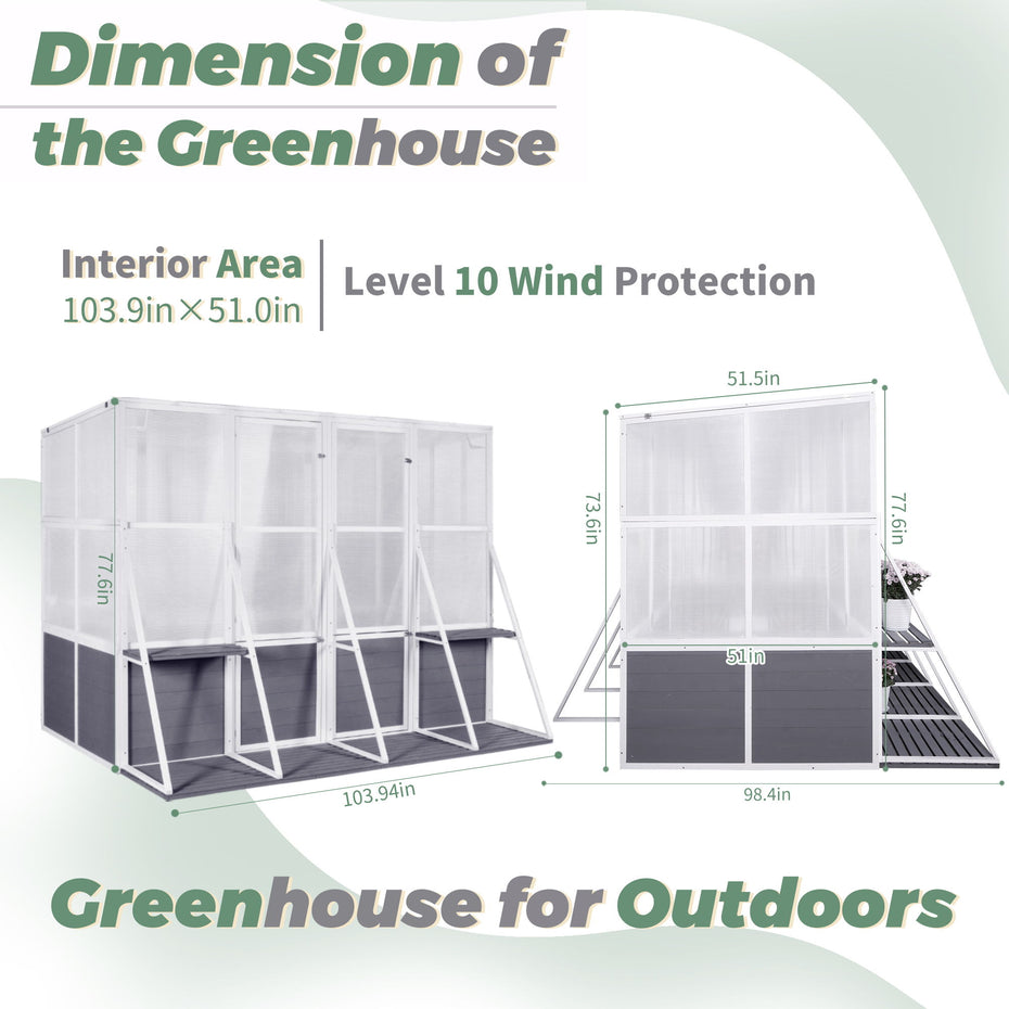 Greenhouse, Wooden Lean To Greenhouses For Outdoors, Heavy Duty Walk In Green House For Outside Winter, Large Hot House For Sunroom Storage Shed, Garden, Backyard - White / Gray