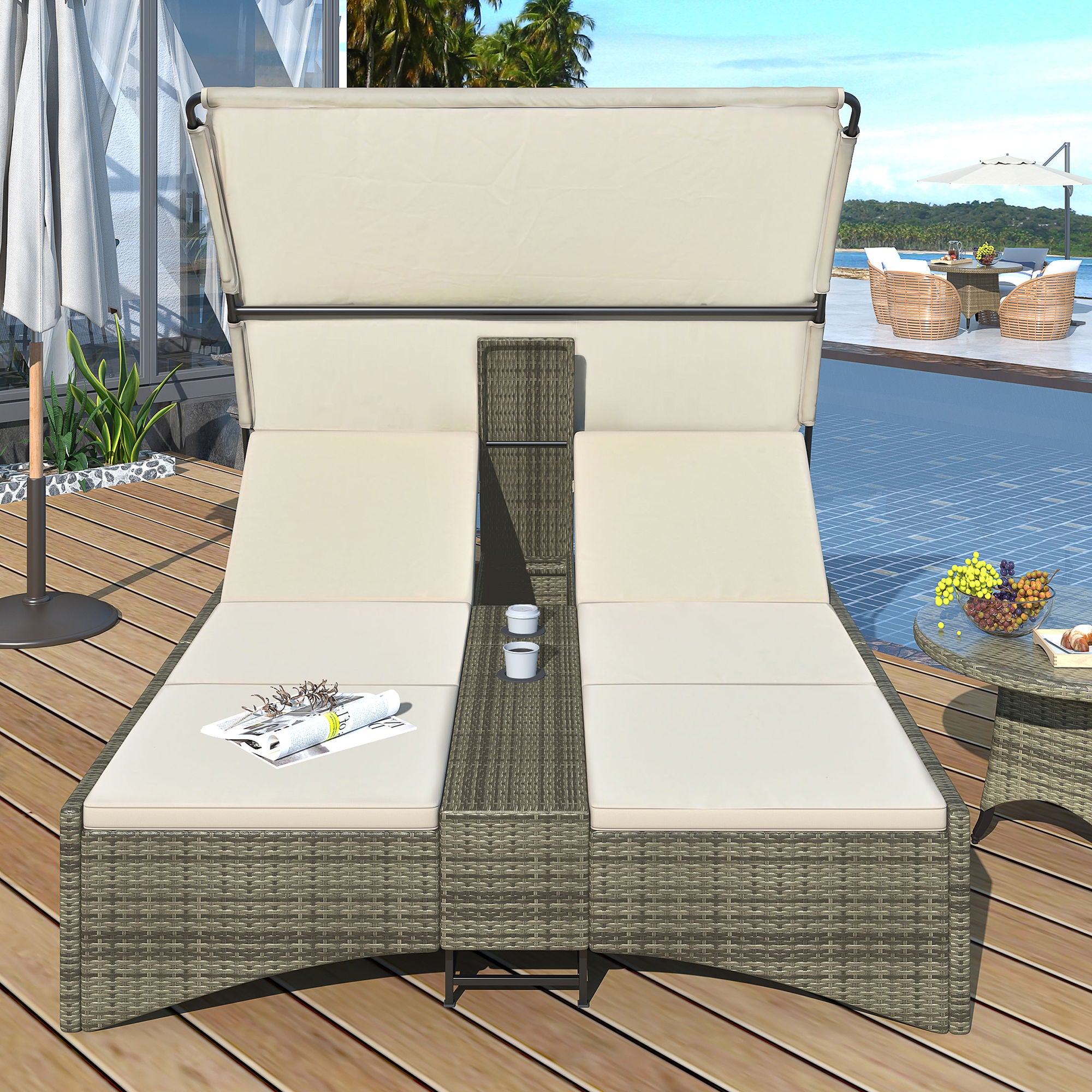 Patio Daybed Outdoor Daybed Sun Lounger With Shelter Roof With Adjustable Backrest, Storage Box And 2 Cup Holders For Patio, Balcony, Poolside