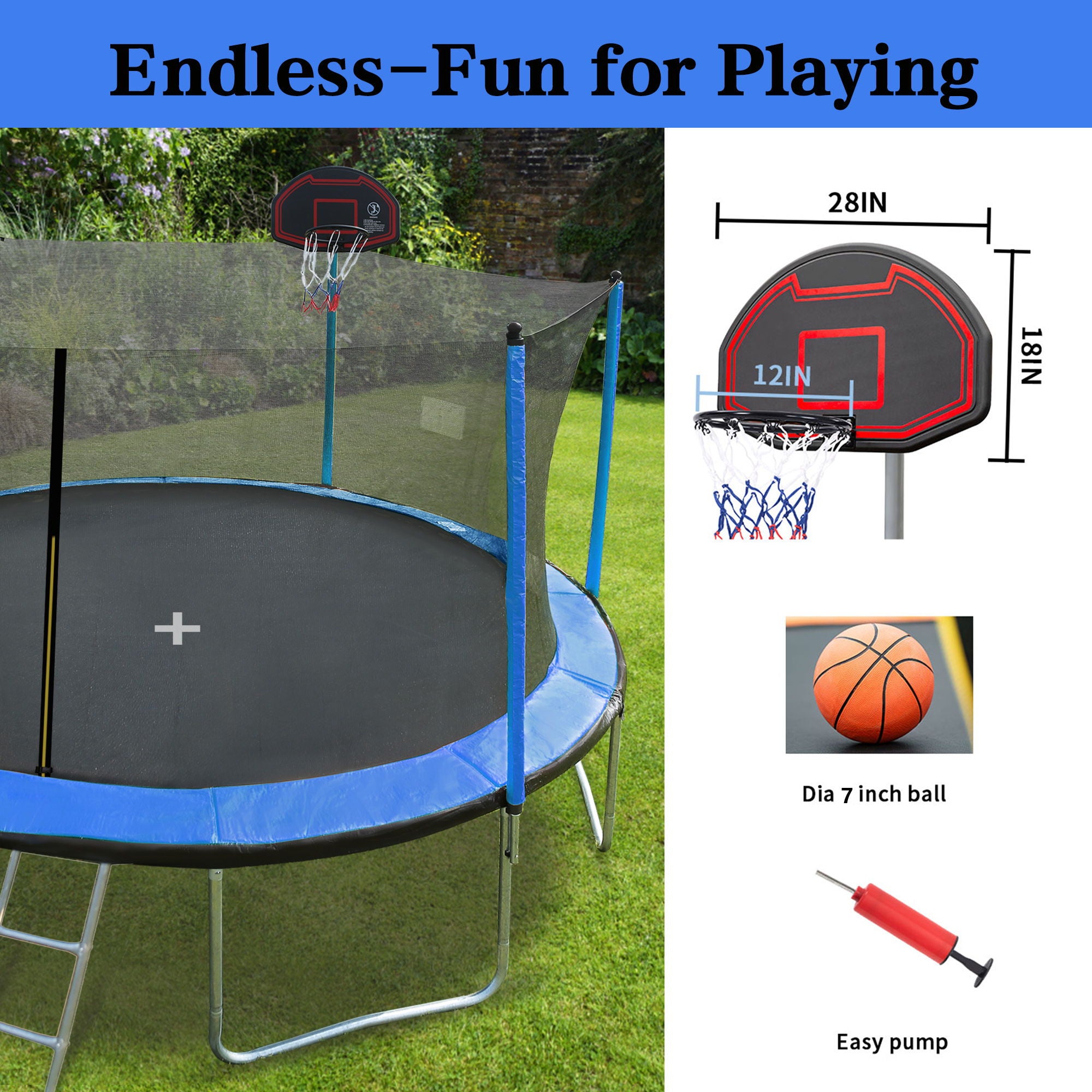 15Ft Trampoline With Basketball Hoop Inflator And Ladder (Inner Safety Enclosure)