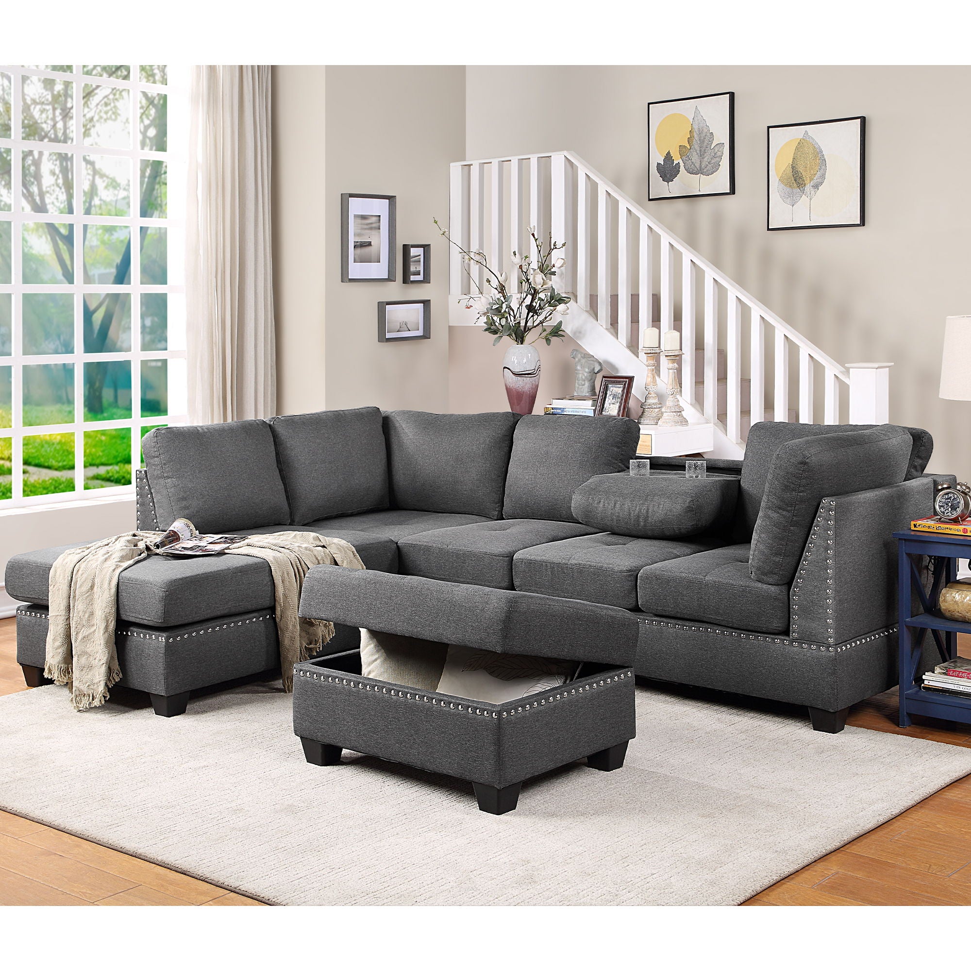 Reversible Sectional Sofa Space Saving With Storage Ottoman Rivet Ornament L-Shape Couch For Small Or Large Space Dorm Apartment