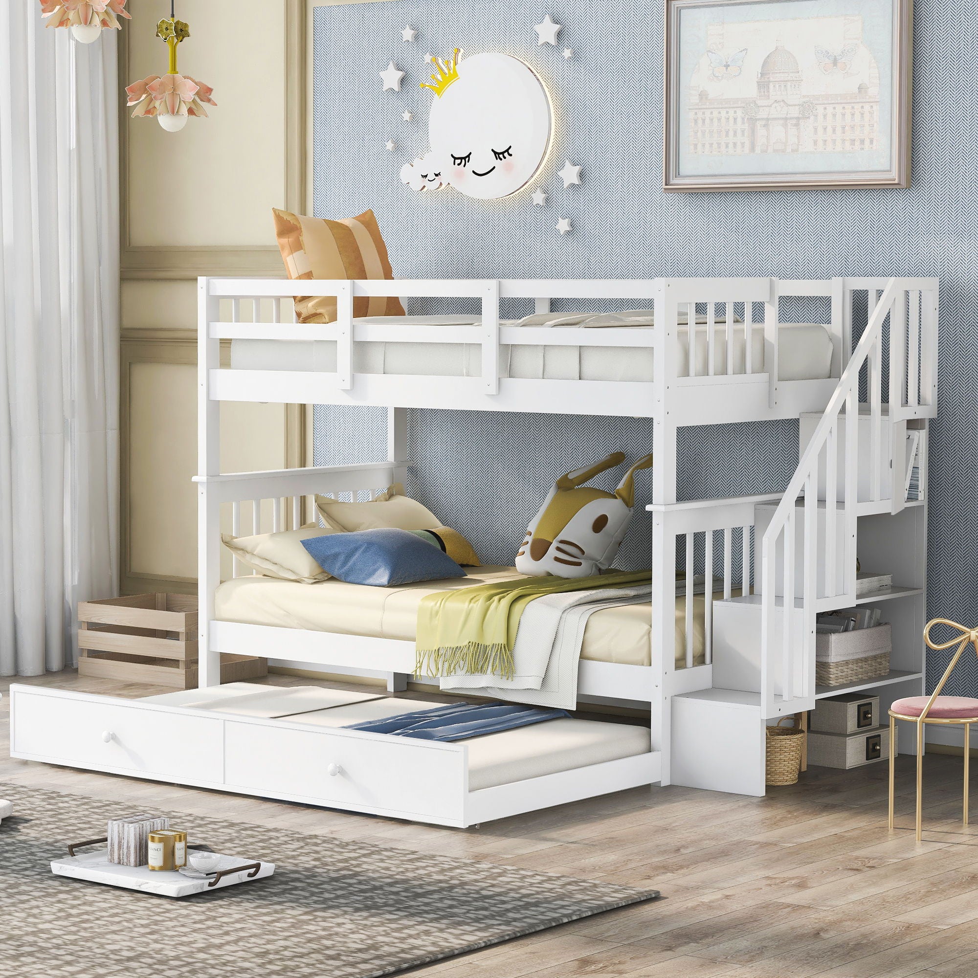 Stairway Bunk Bed With Twin Size Trundle, Storage And Guard Rail For Bedroom, Dorm