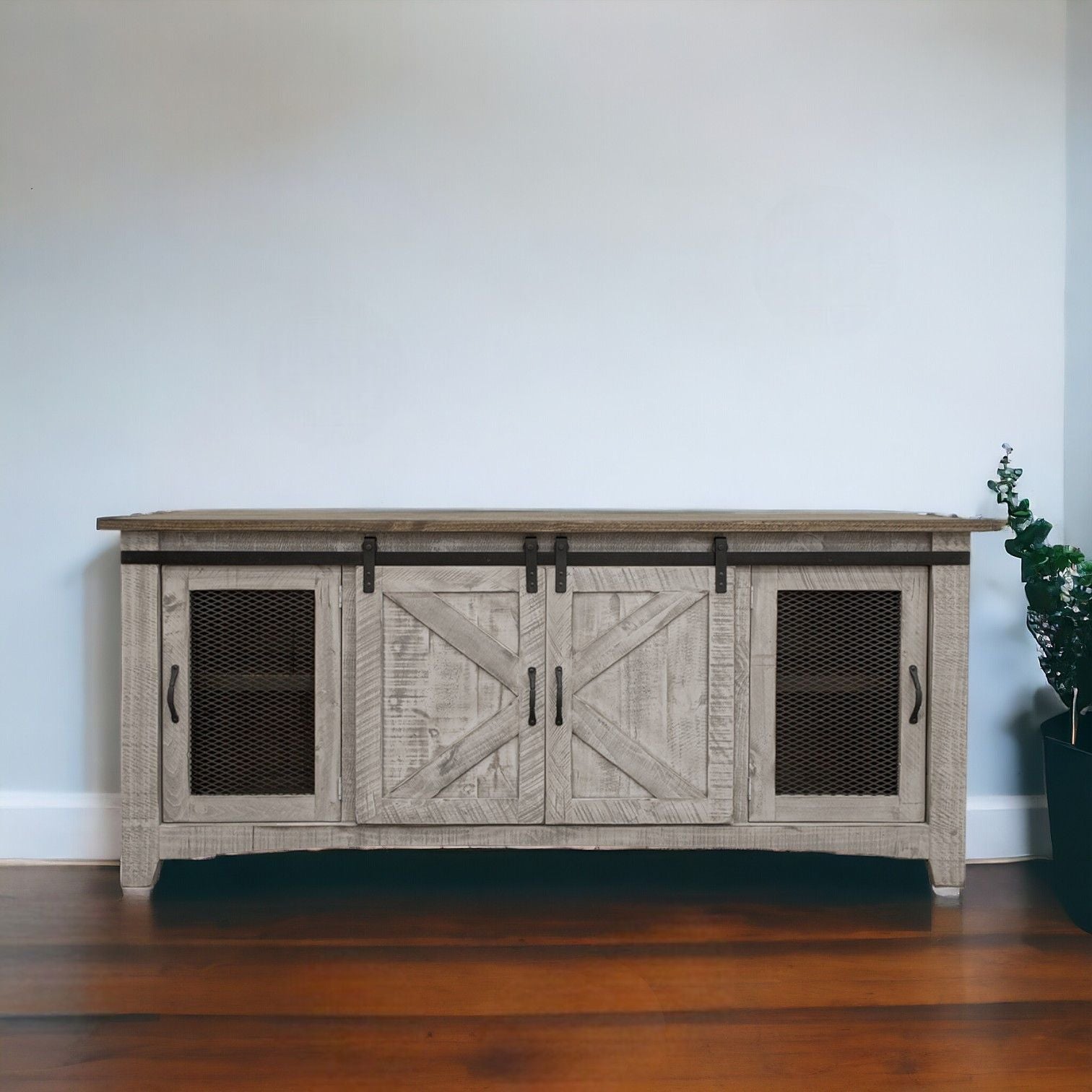 Solid Cabinet Enclosed Storage. Distressed TV Stand - Gray