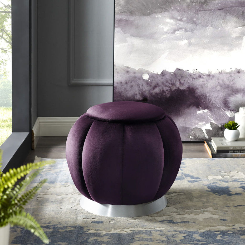 Velvet Round Ottoman - Purple / Silver