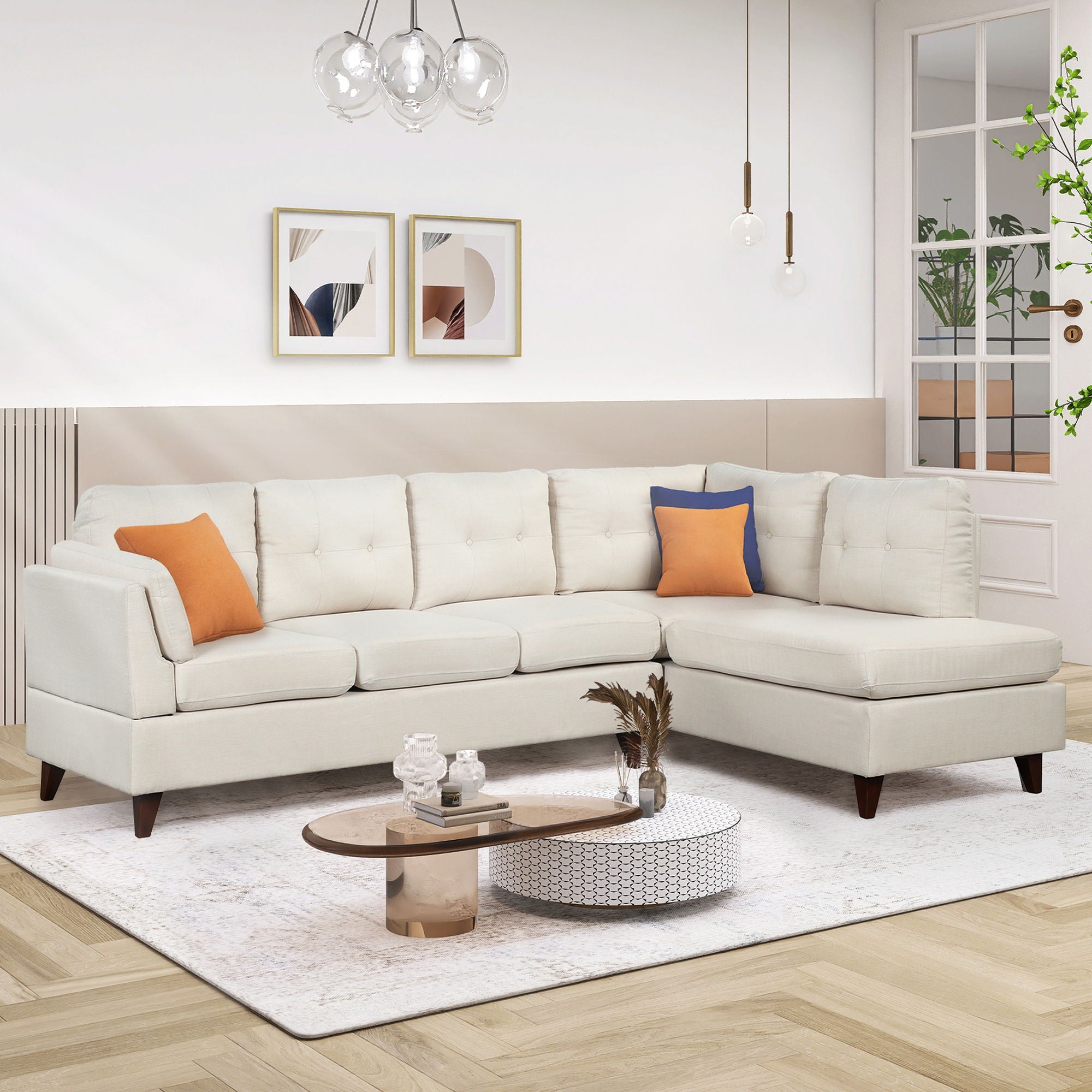 Modern Linen Fabric Sofa, L-Shape Couch With Chaise Lounge, Sectional Sofa With One Lumbar Pad