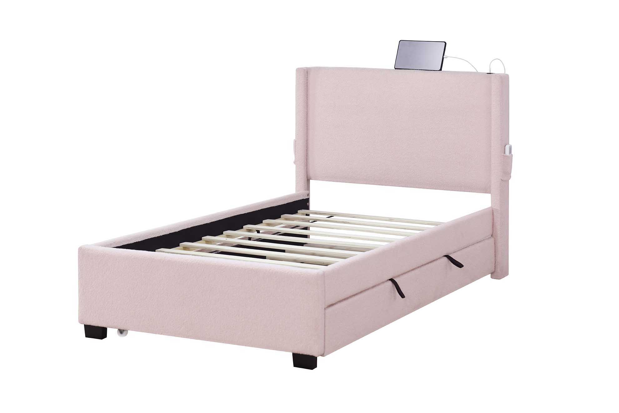 Twin Size Upholstered Bed Frame With Trundle Bed, Teddy Fabric, USB Functionality, And A Pocket Design On The Side Of The Headboard For Storing Small Items - Baby Pink