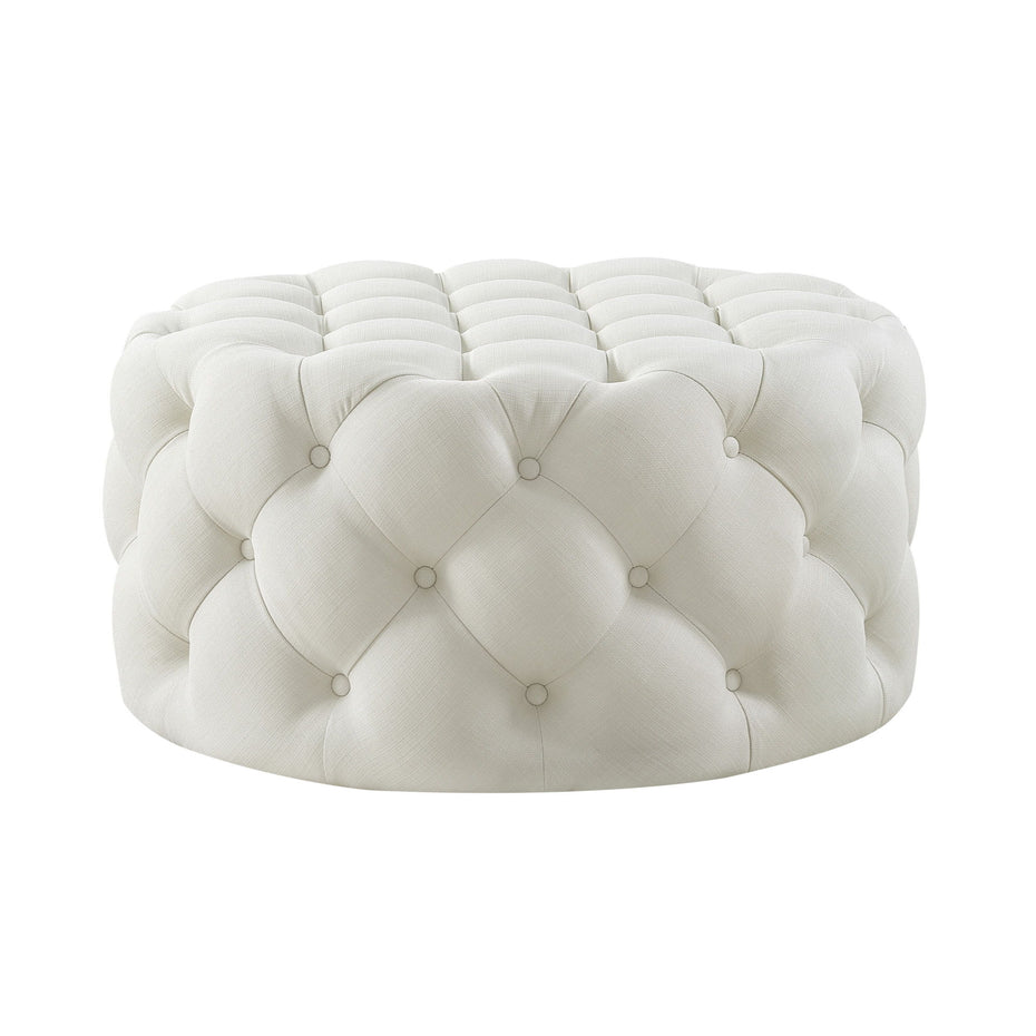 Linen Rolling Tufted Round Cocktail Ottoman - White