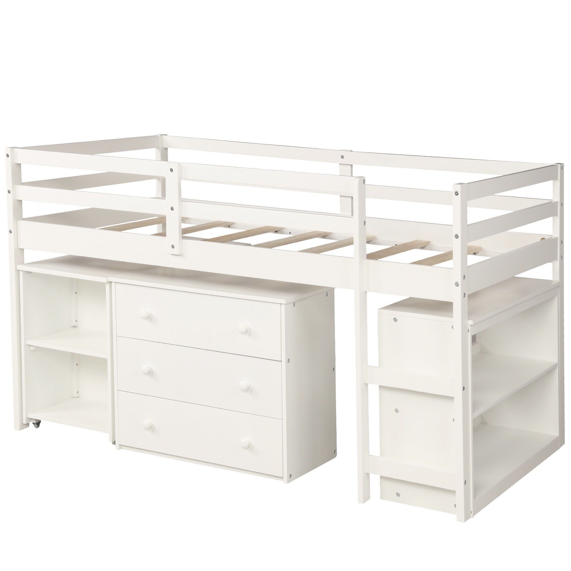 Low Twin Loft Bed With Cabinet and Desk - White