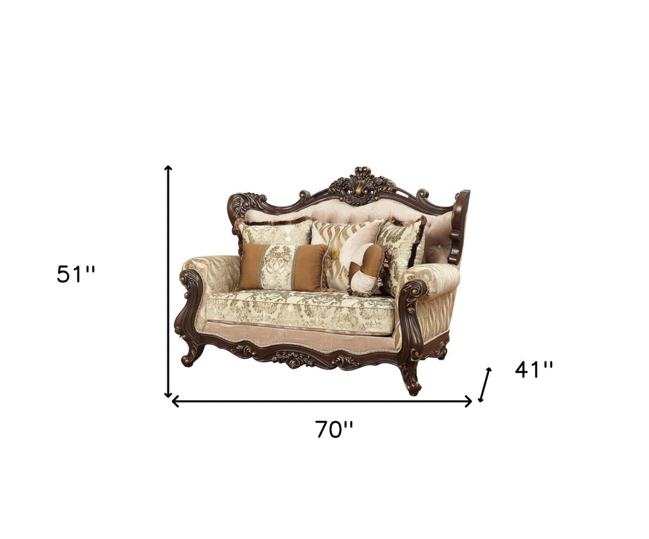 Damask Loveseat And Toss Pillows - Beige / Brown