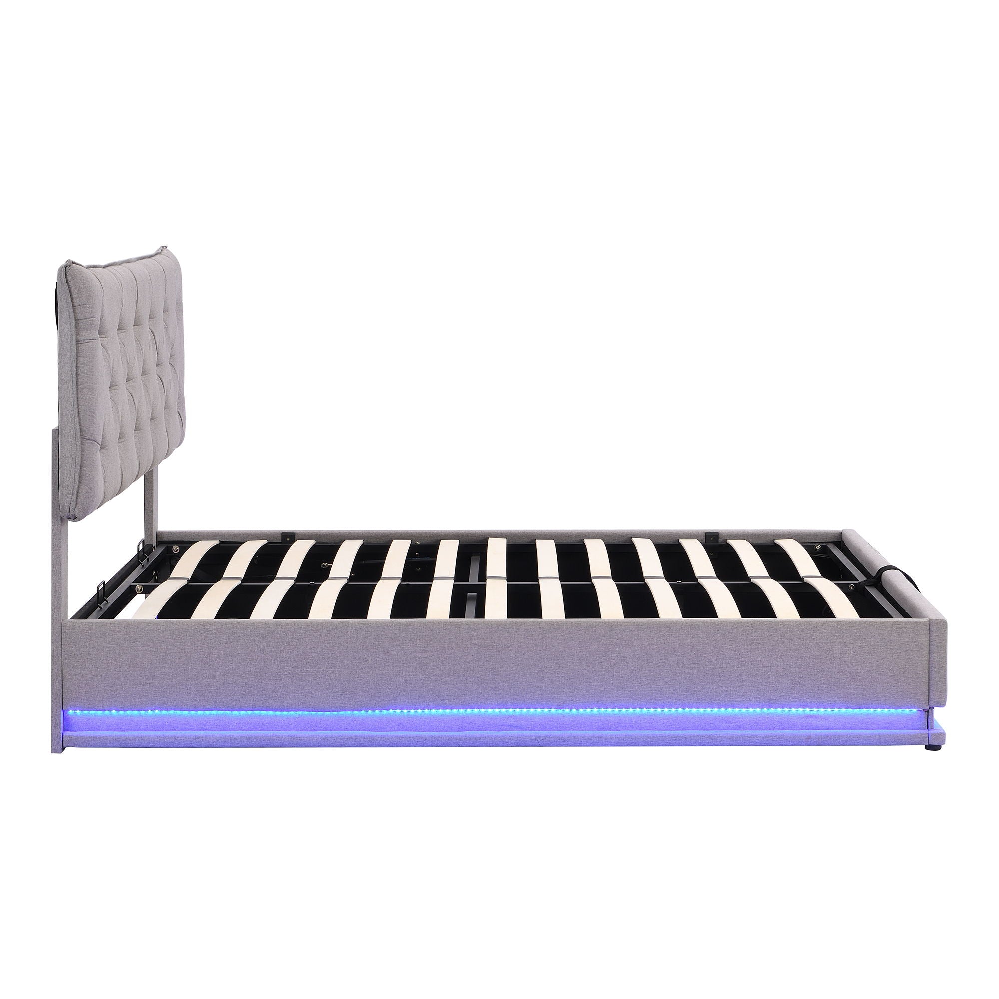 Upholstered Bed With Hydraulic Storage System And LED Light, Modern Platform Bed With Button-Tufted Design Headboard