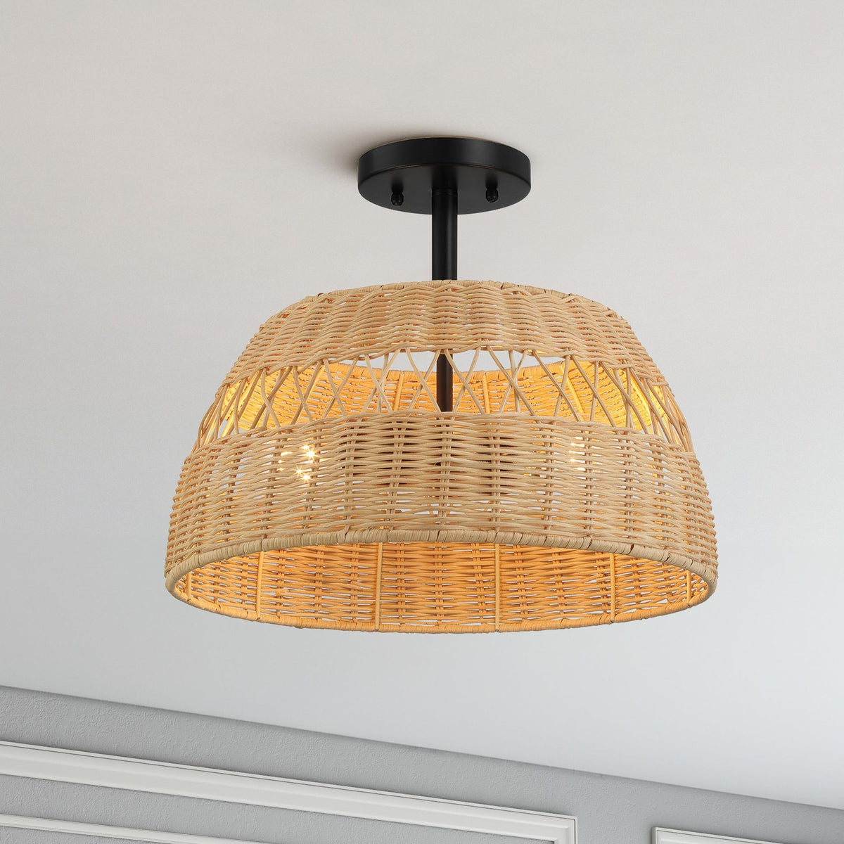 Twinkle - Double Lights Semi Flush With Shade - Black / Rattan by Ashcroft Furniture | Bel Furniture