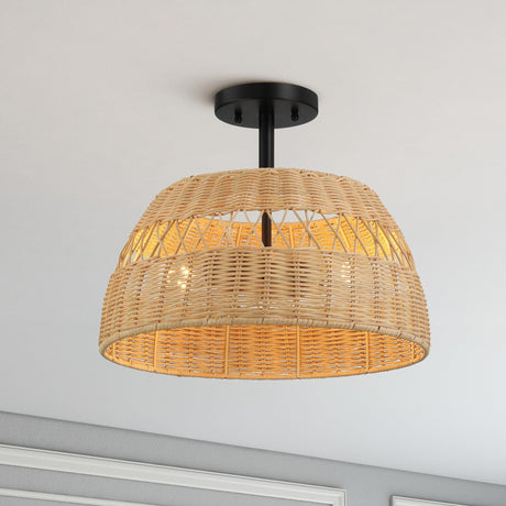 Twinkle - Double Lights Semi Flush With Shade - Black / Rattan by Ashcroft Furniture | Bel Furniture
