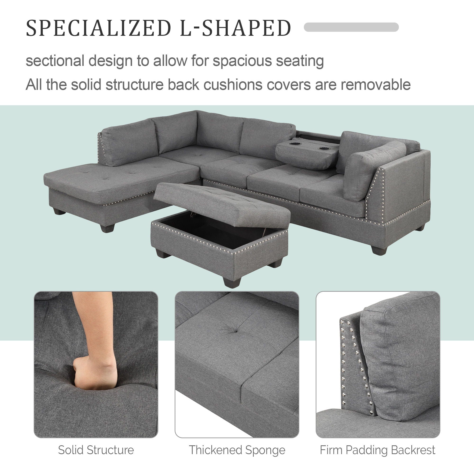 Reversible Sectional Sofa Space Saving With Storage Ottoman Rivet Ornament L-Shape Couch For Small Or Large Space Dorm Apartment