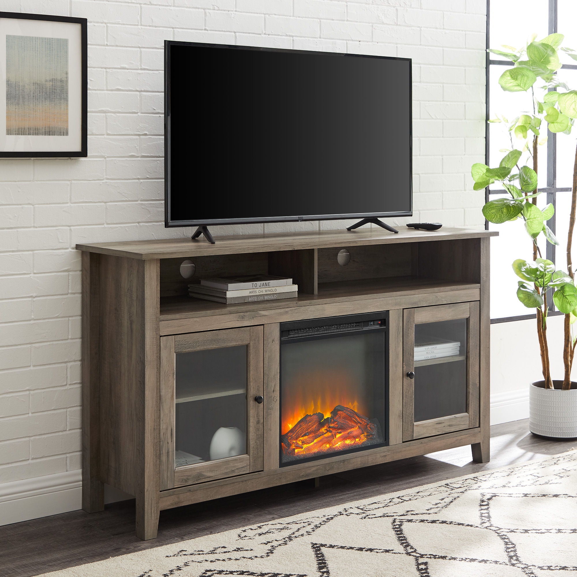 Transitional Electric Fireplace Wood And Glass TV Stand For TVs Up To 65" - Gray Wash