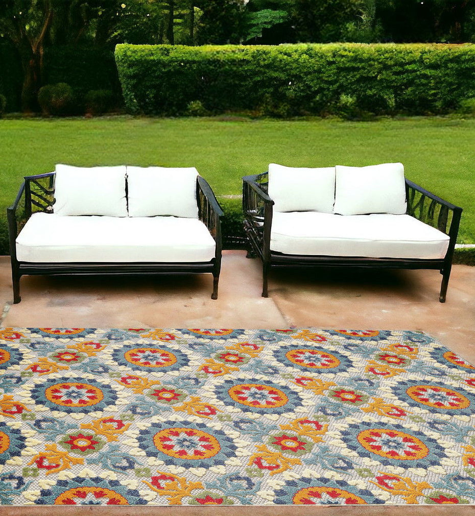 7' X 9' Moroccan Stain Resistant Indoor / Outdoor Area Rug - Orange / Ivory