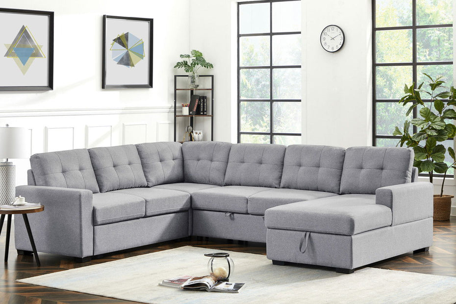 Selene - Linen Fabric Sleeper Sectional Sofa With Storage Chaise