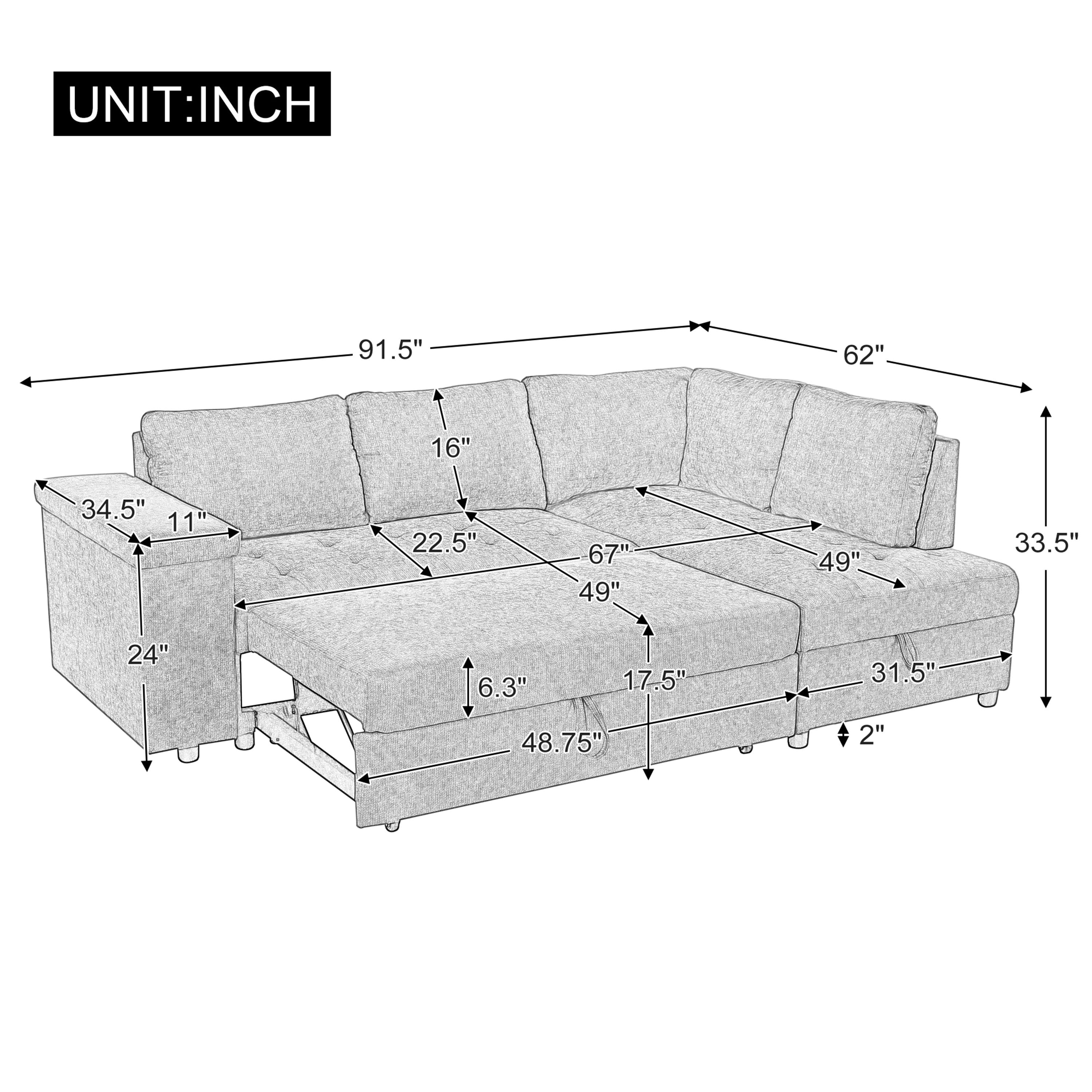 L Shaped Couch With Pull Out Bed And Storage Sectional Sleeper Sofa With Hidden Storage, Wide Armrest With Storage, For Living Room, Apartment, Bedroom, Office