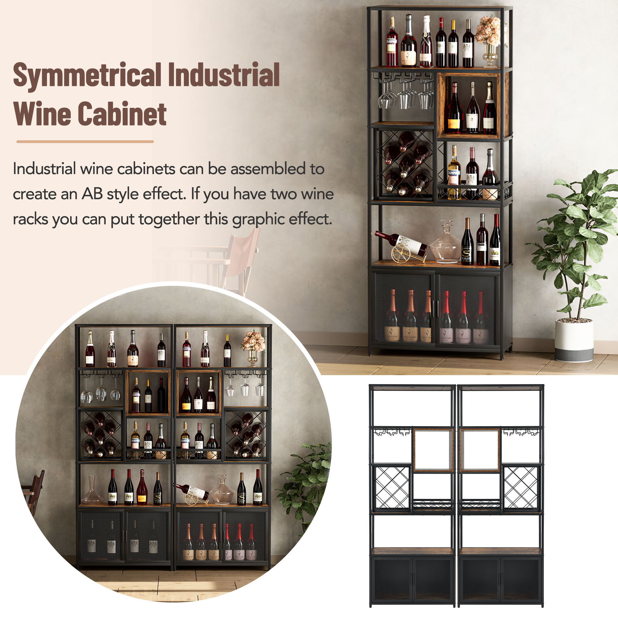 Industrial Tall Black Bar Wine Rack Cabinet With Glass Holder Wood Home Bar Cabinet - Walnut / Black