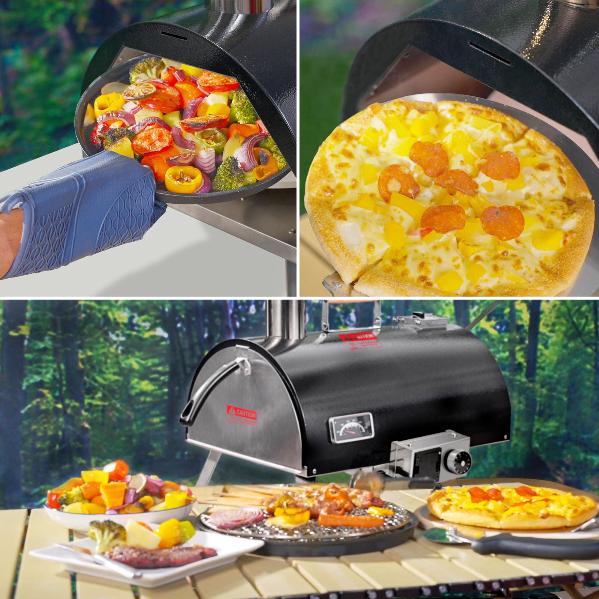 Pizza Oven Outdoor 12" Automatic Rotatable Pizza Ovens Portable Stainless Steel Wood Fired Pizza Oven Pizza Maker With Built-In Thermometer Pizza Cutter Carry Bag