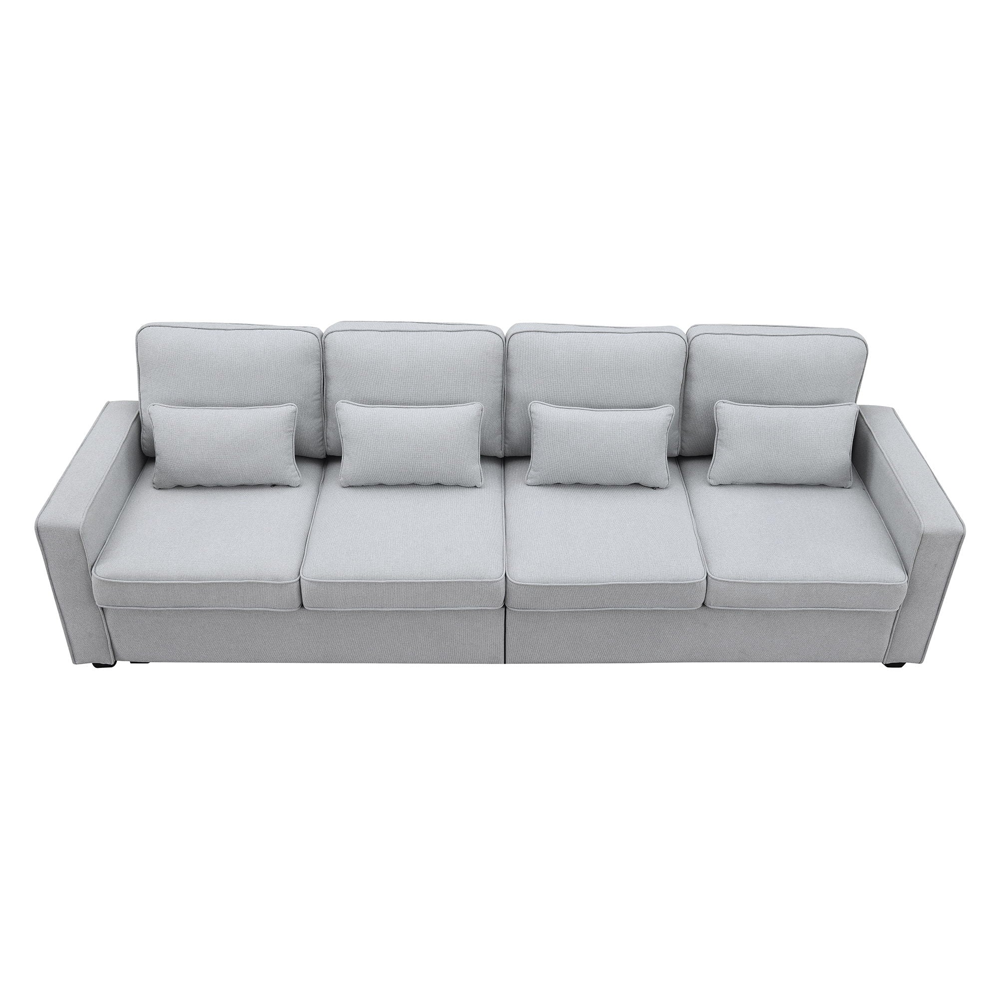 4 Seater Modern Linen Sofa With Armrest Pockets And 4 Pillows, Minimalist Style Couch For Living Room