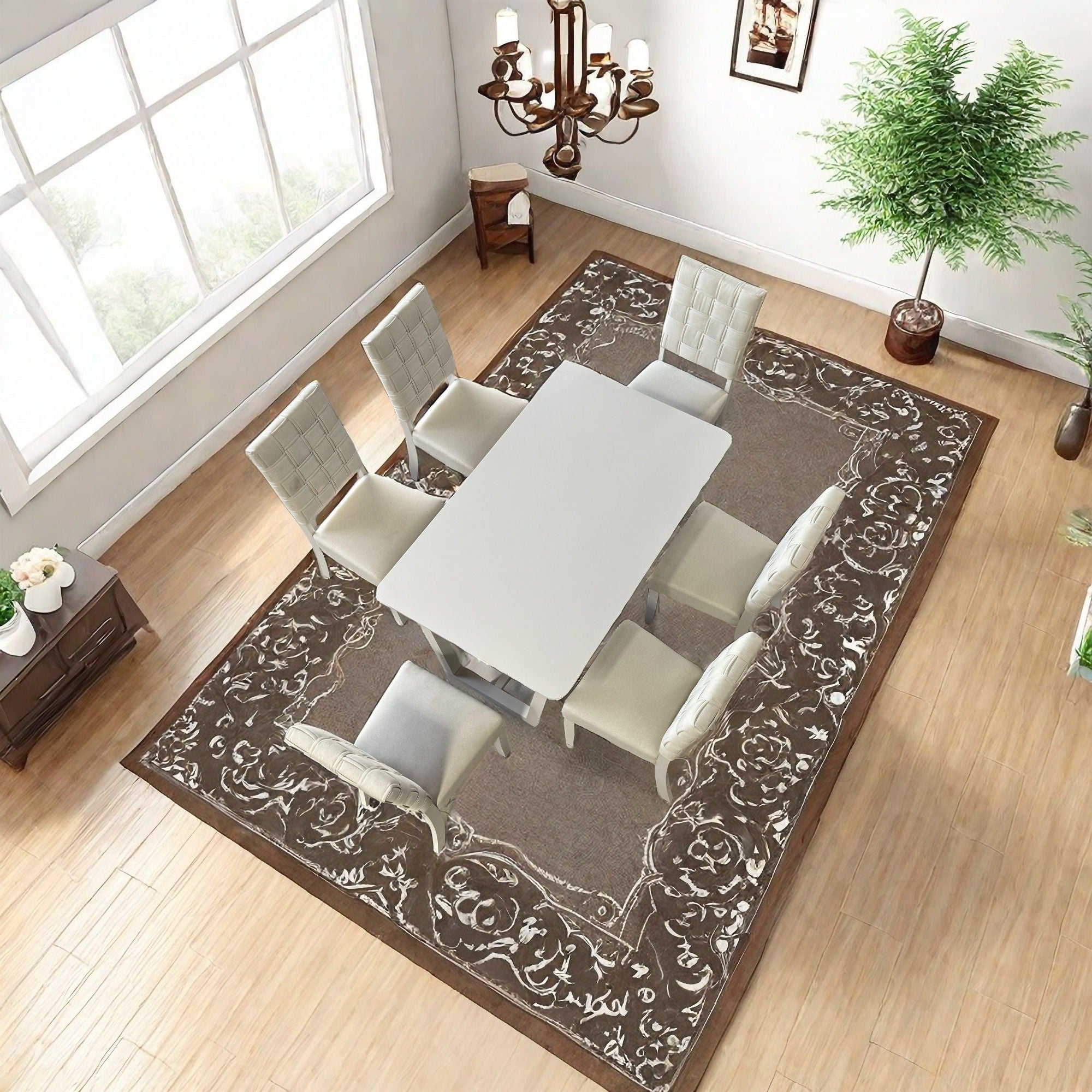 7 Pieces Dining Set Include 6 Chairs linen & Rubber Wood Legs And 1 Table - Light Beige