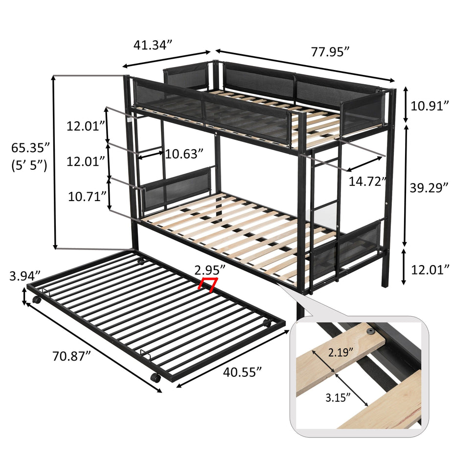 Metal Twin Over Twin Bunk Bed With Trundle/ Sturdy Metal Frame/ Noise Free Wood Slats/ Comfortable Textilene Guardrail/ 2 Side Ladders/ Space Saving Trundle/ Bunk Bed For Three/ No Box Spring Needed - Black