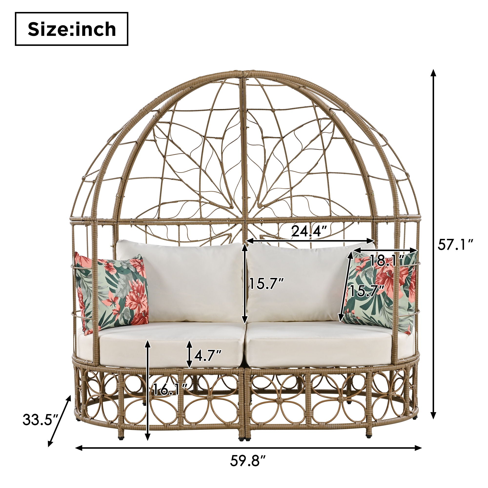 Daybed Outdoor Sunbed With Colorful Pillows, Wicker Patio Daybed With Curtain, Floral Pattern - Natural / Beige