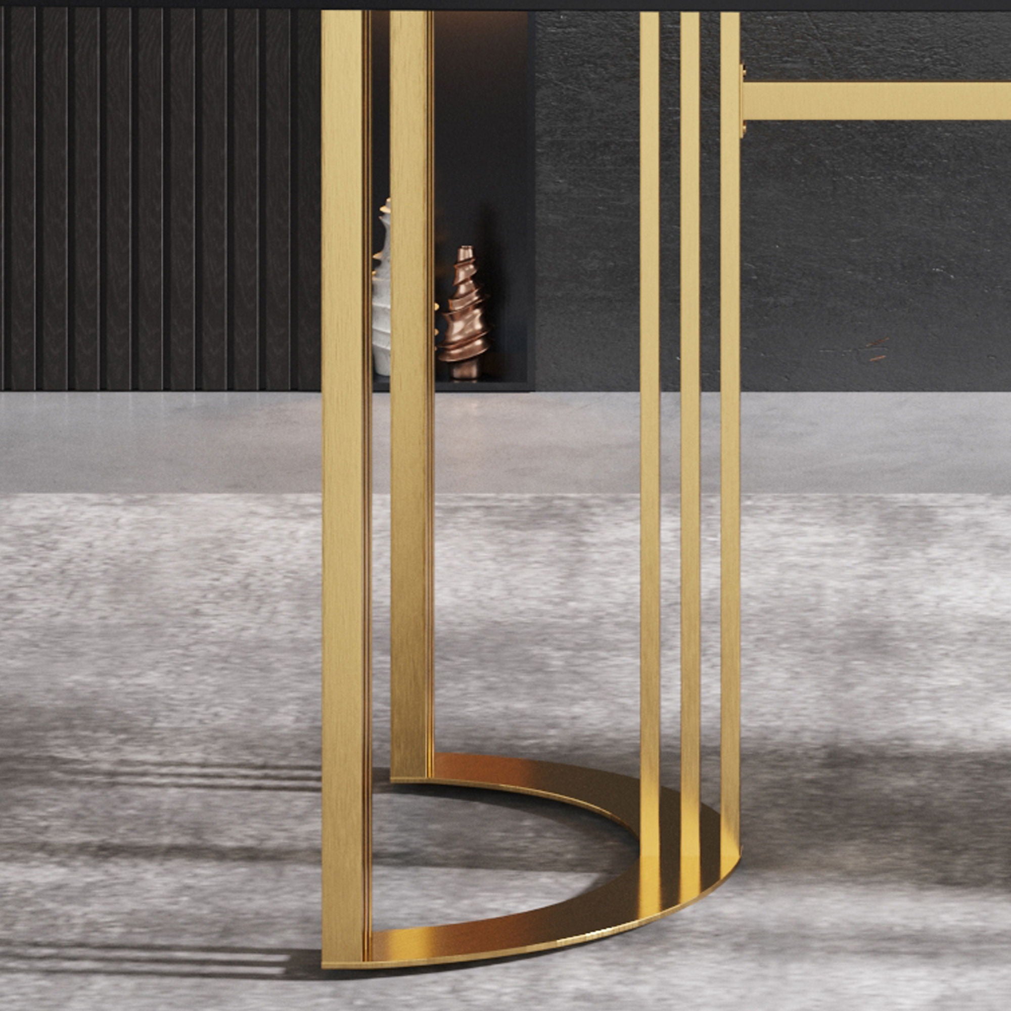 63" Modern Artificial Stone Curved Golden Metal Leg Dining Table, 6 People - Black / Gold