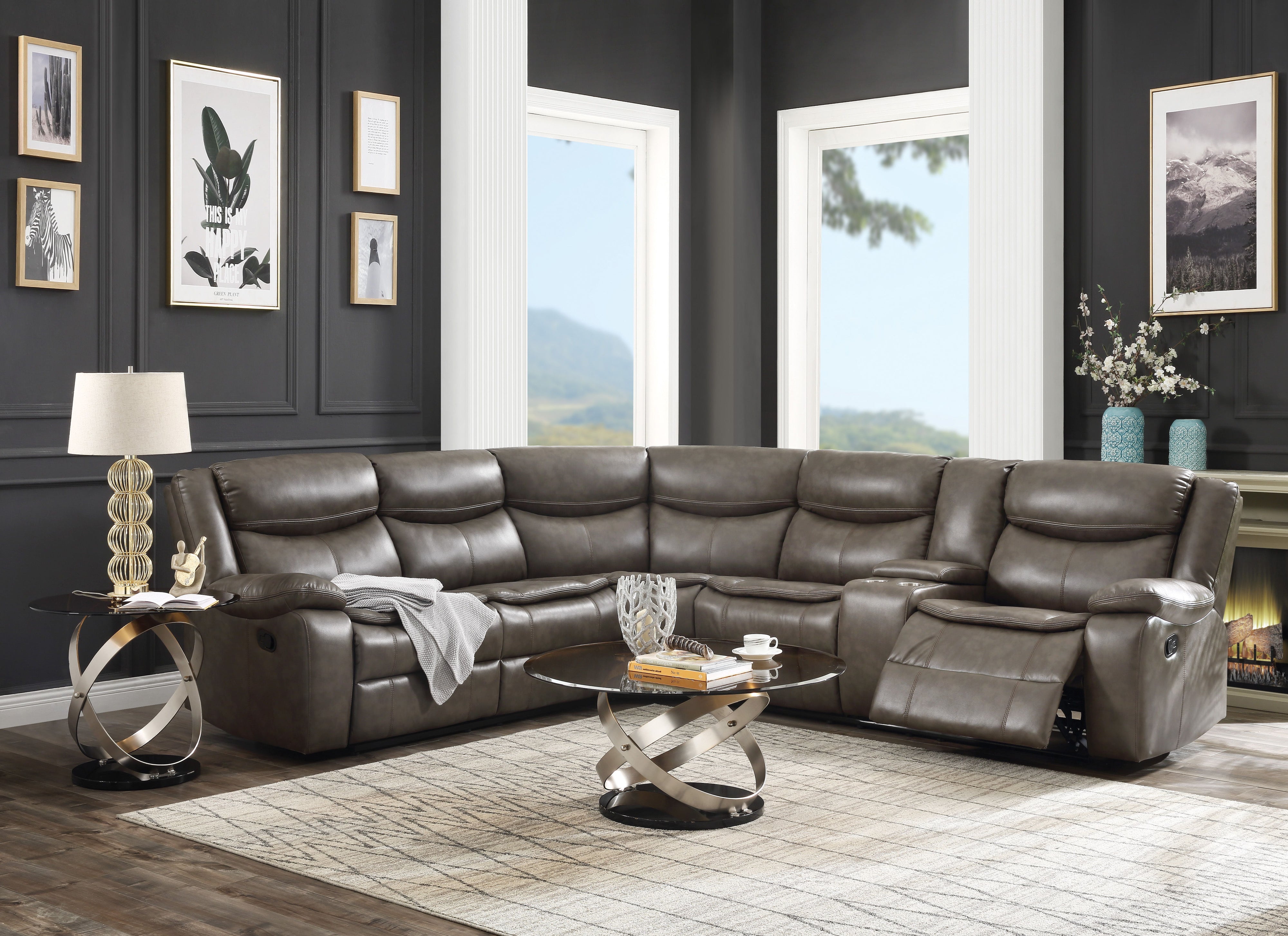 Tavin - Faux Leather Manual Recliner Sectional Sofa With Cupholder Console - Taupe