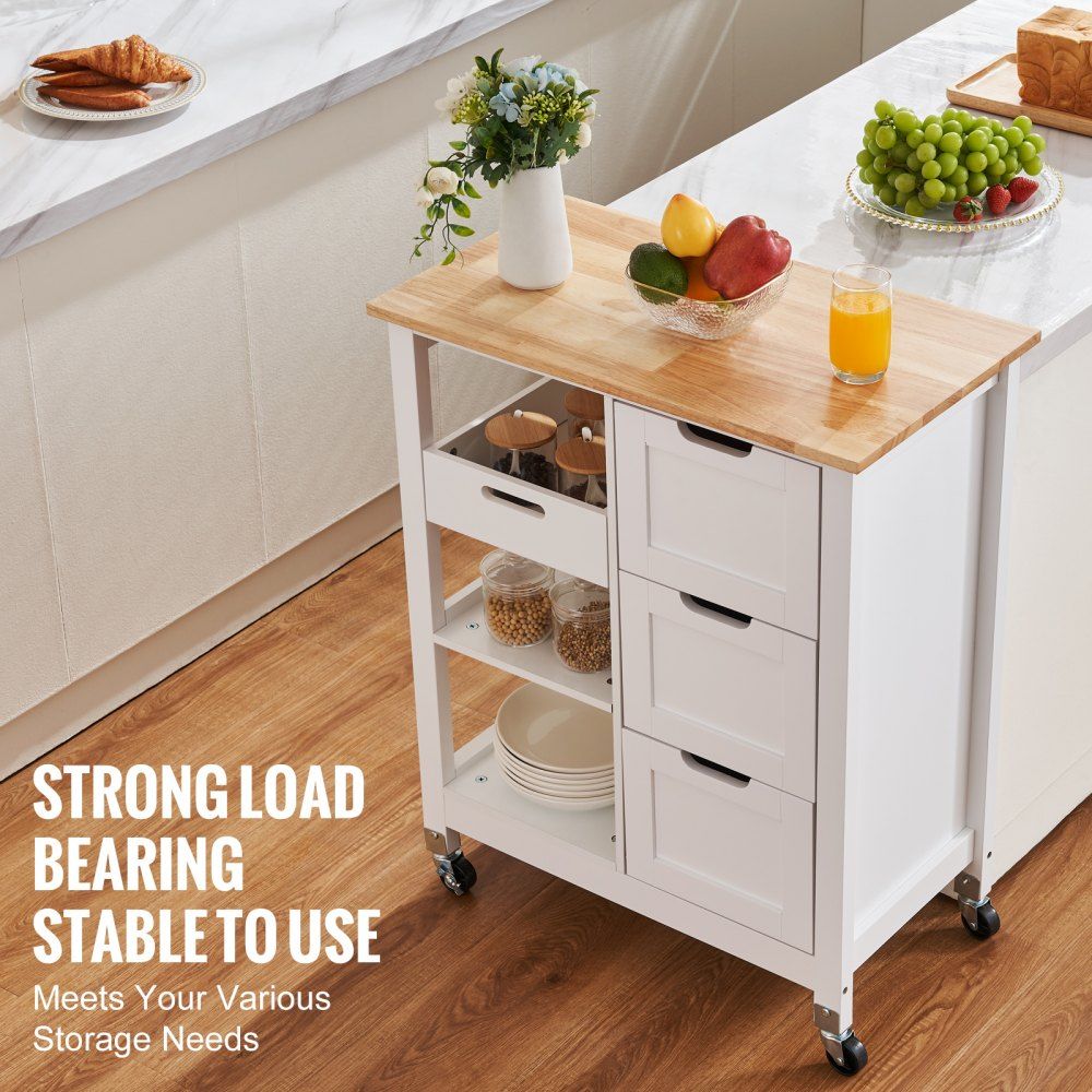 Rolling Portable Small Kitchen Island Cart On Wheels With Solid Wood Top, Dining Room Serving Utility Carts Mobile Movable With 3 Drawers And Storage Shelves Cabinet - White