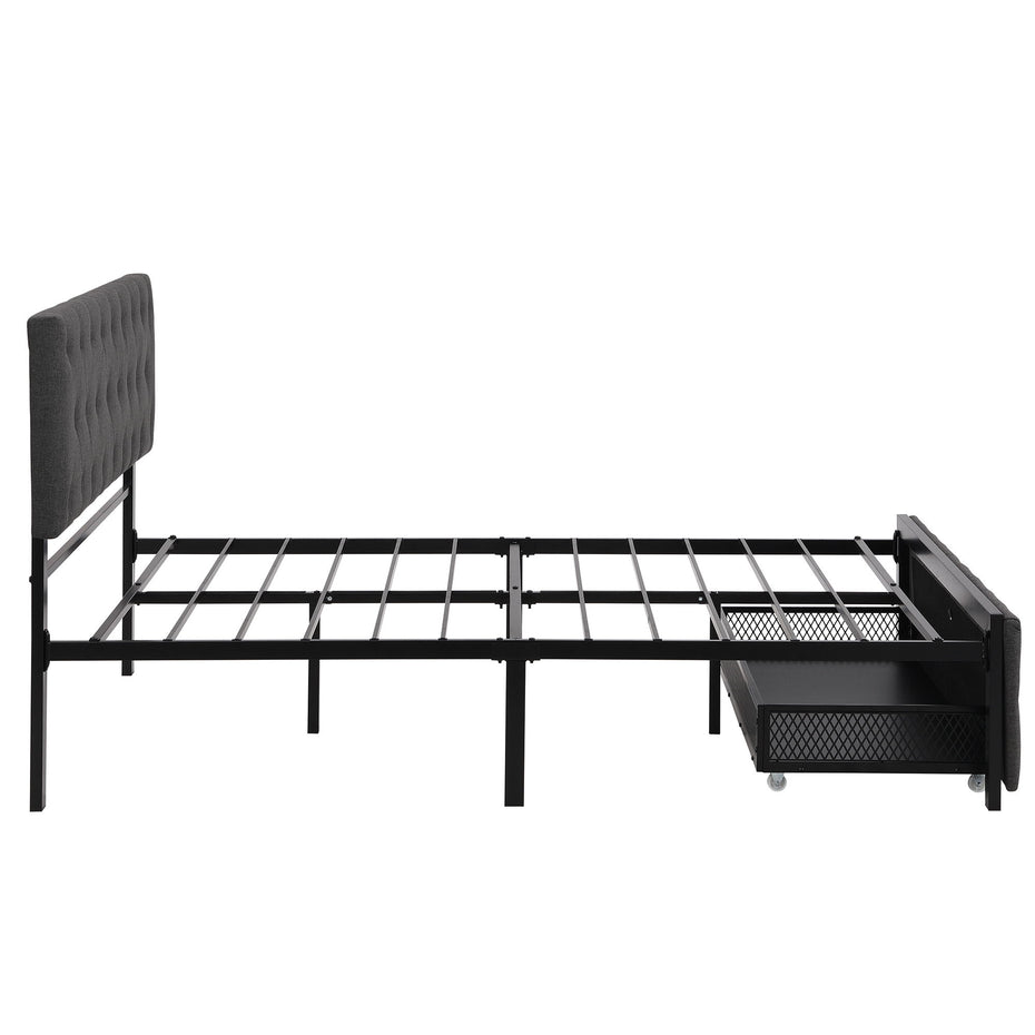 Full Size Storage Bed Metal Platform Bed With A Big Drawer - Gray