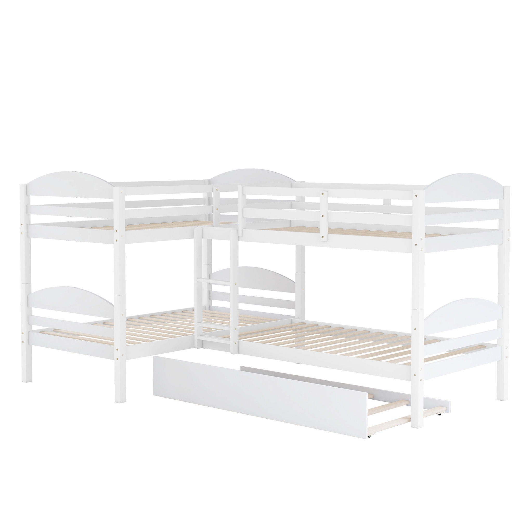 Twin L-Shaped Bunk Bed With Trundle - White