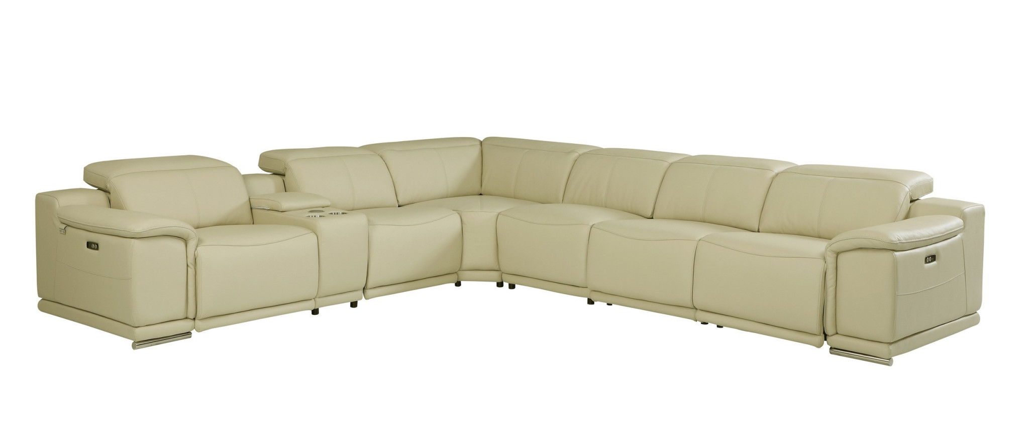 Italian Leather Power Reclining, U Shaped Seven Piece Corner Sectional With Console - Beige