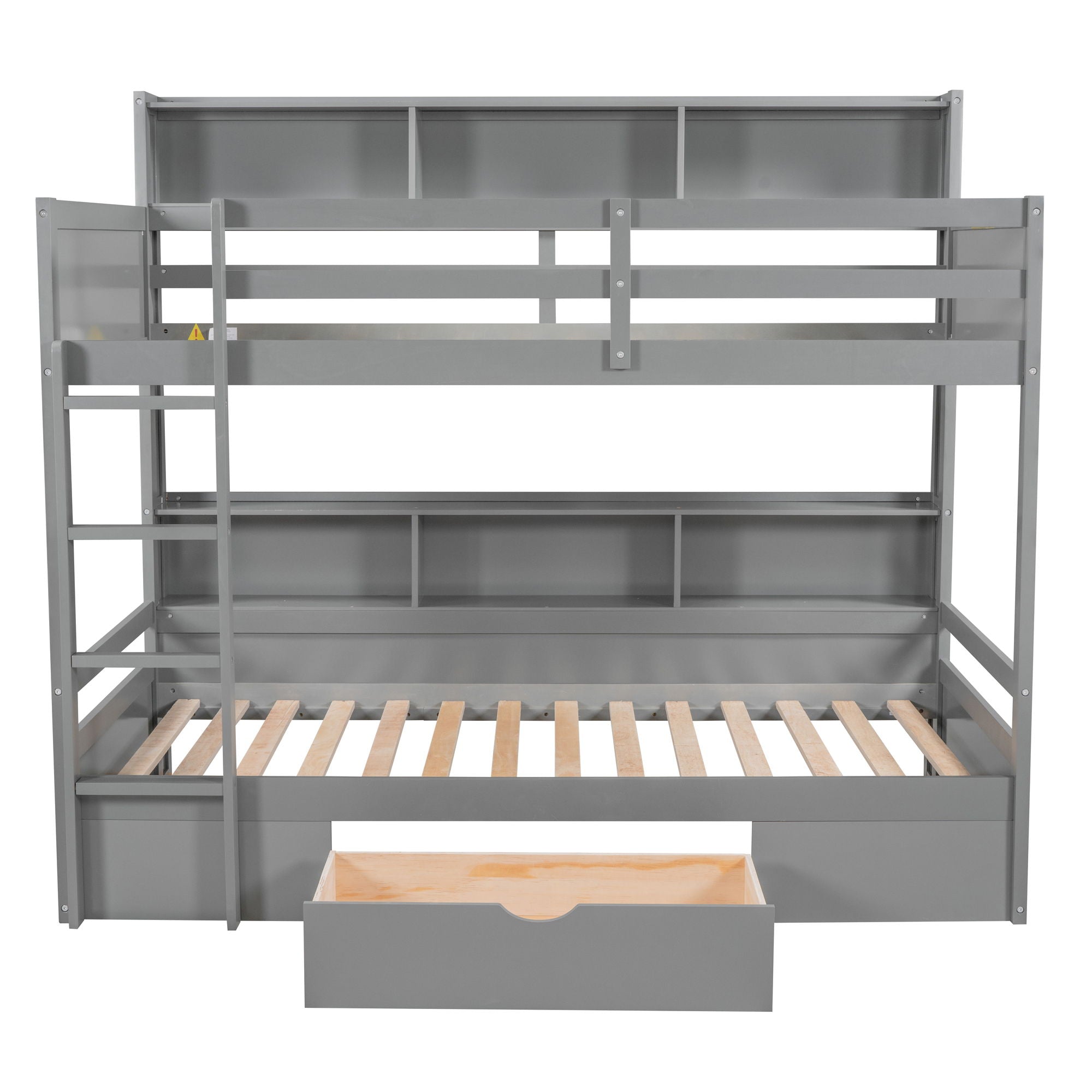 Twin Size Bunk Bed With Built-In Shelves Beside Both Upper And Down Bed And Storage Drawer