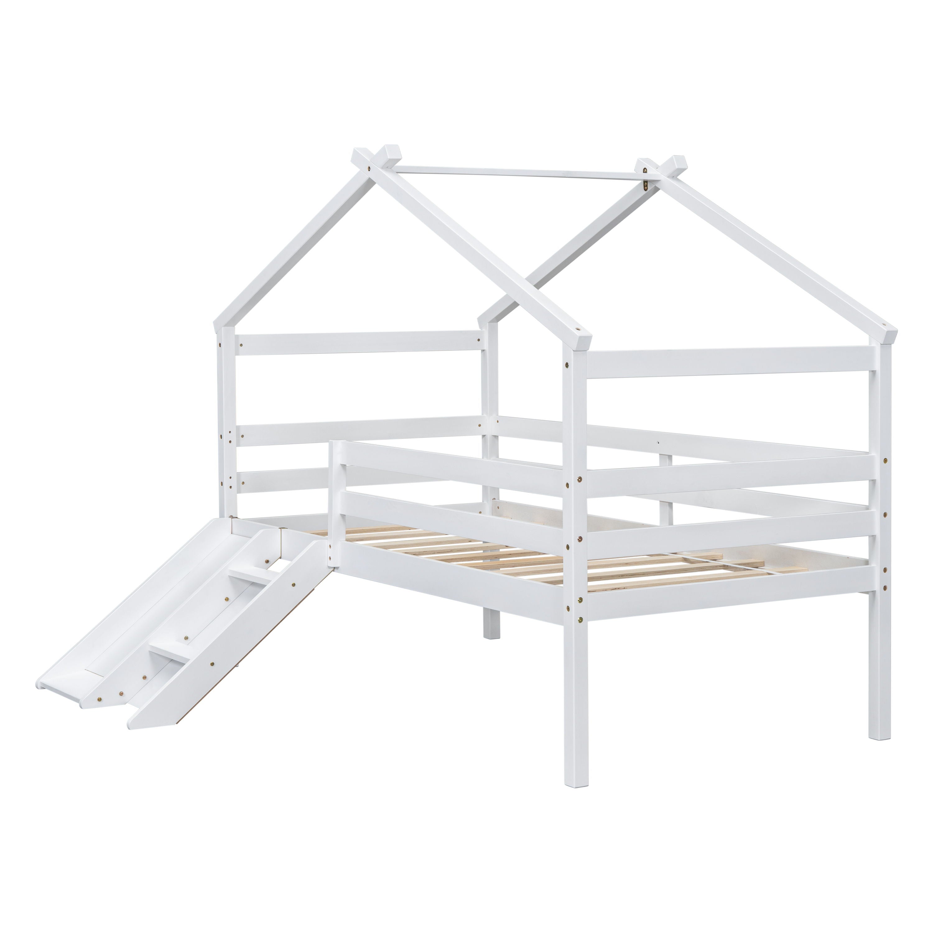 Low Loft House Bed With Slide, Ladder, Safety Guardrails, House Roof Frame