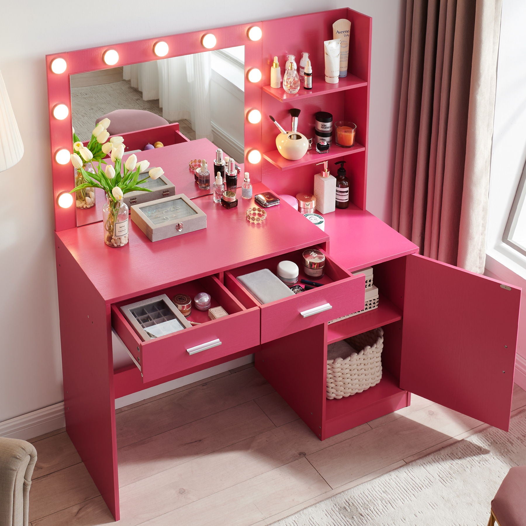 Vanity Desk With Mirror And Lights, 46.4In Dressing Table With 2 Large Drawer & Large Vertical Organizer, 3 Level Dresser & 3 Lighting Modes Adjustable Brightness, Suitable For Bedroom