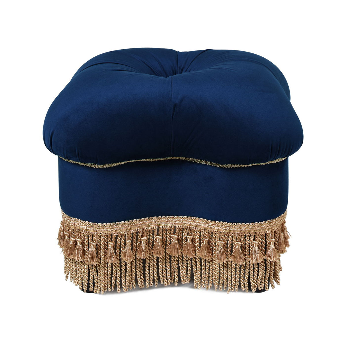 Ellen - Upholstered Clover Ottoman With Gold Bullion Fringe - Navy Blue by Jennifer Taylor Home | Bel Furniture