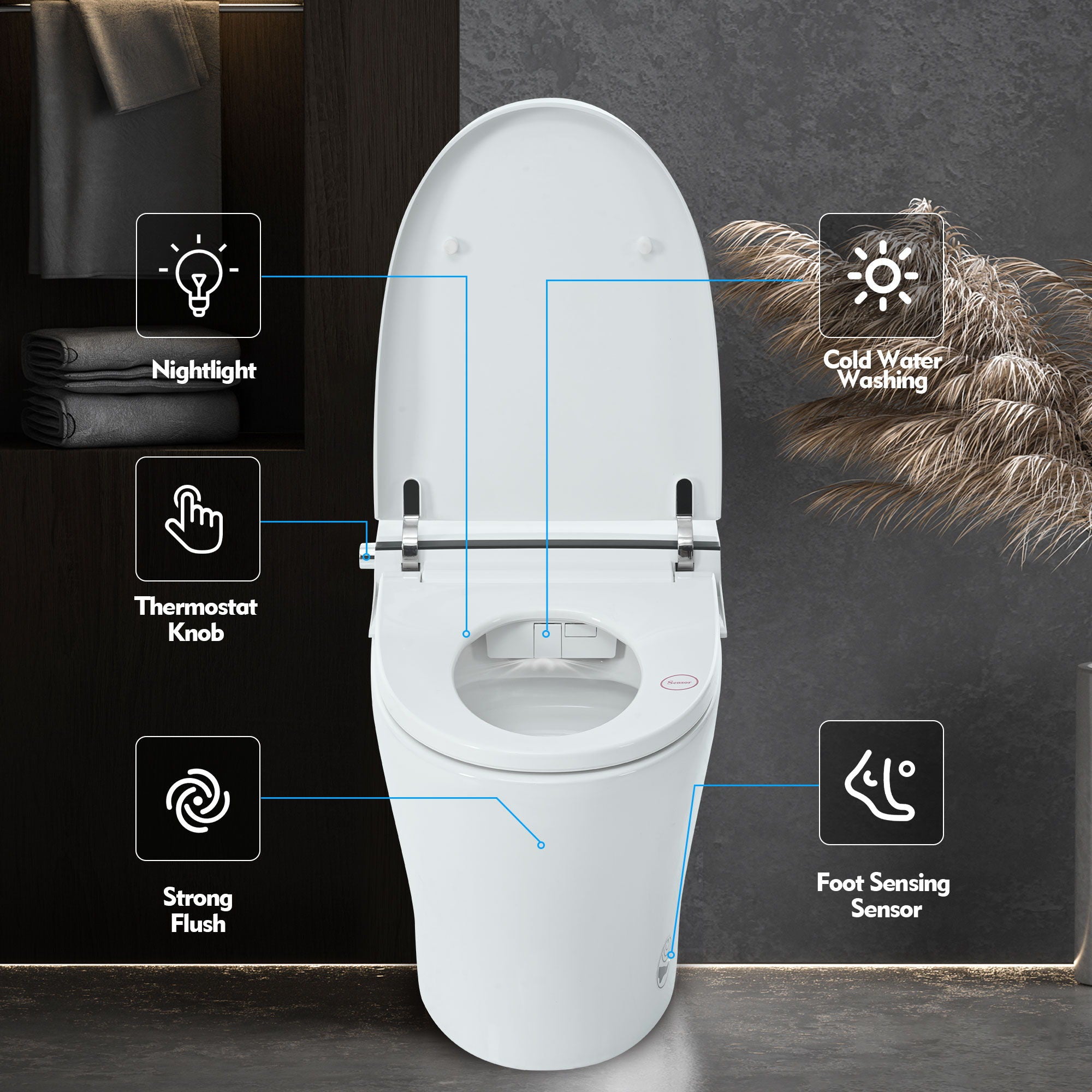 Smart Toilet Bidet Combo With Self-Cleaning Nozzle, Upmarket Compact Dual Flush Toilet 1 / 1.28 Gpf, Tank Less Toilet With Foot Sensor Flush - White Night Light