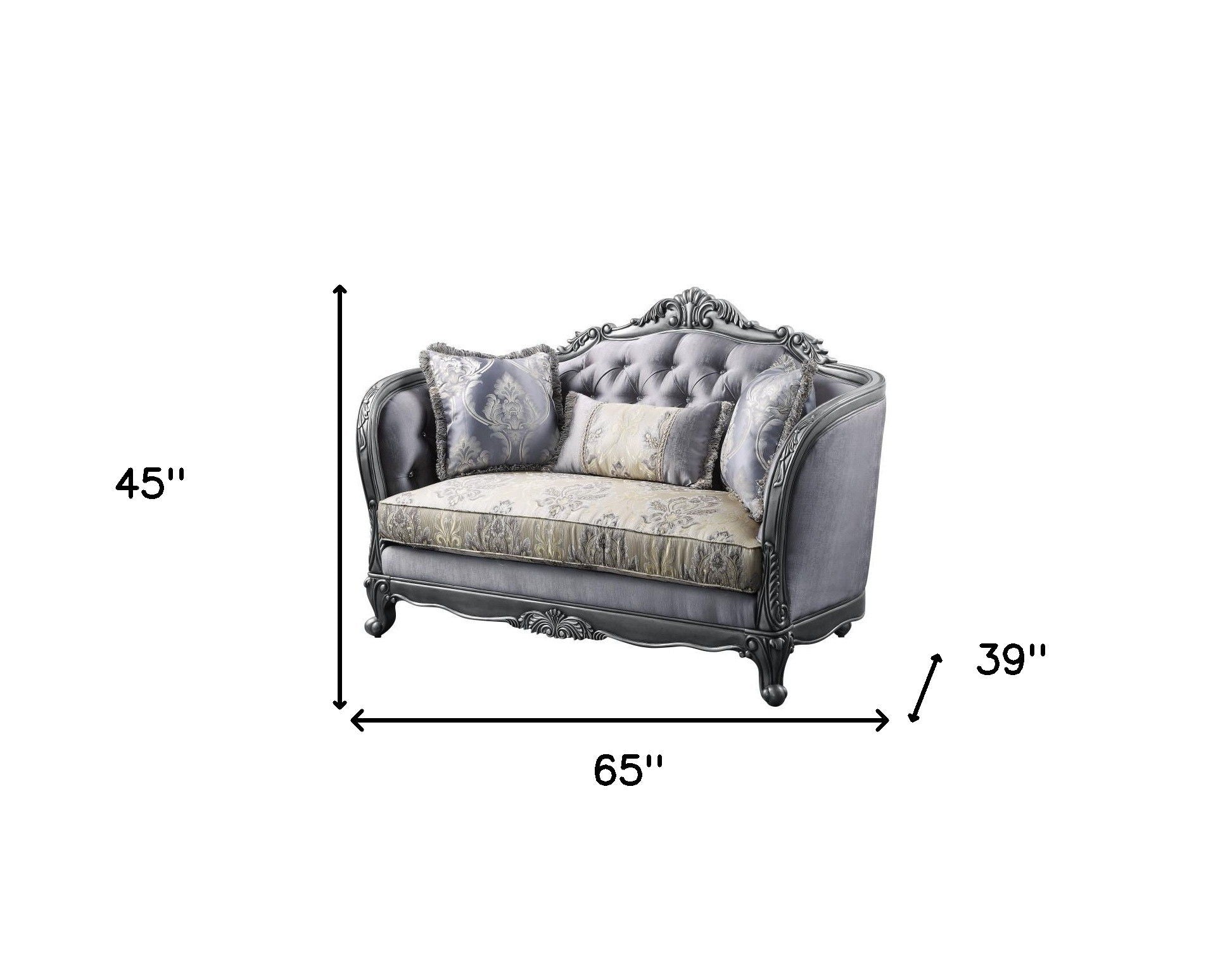 Silk Blend Loveseat And Toss Pillows - Gray / Platinum